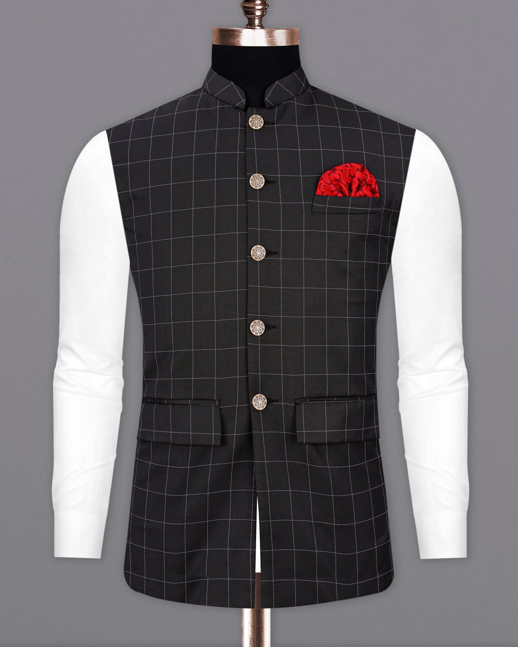 Jade Black Plaid Nehru Jacket WC1952-36, WC1952-38, WC1952-40, WC1952-42, WC1952-44, WC1952-46, WC1952-48, WC1952-50, WC1952-52, WC1952-54, WC1952-56, WC1952-58, WC1952-60