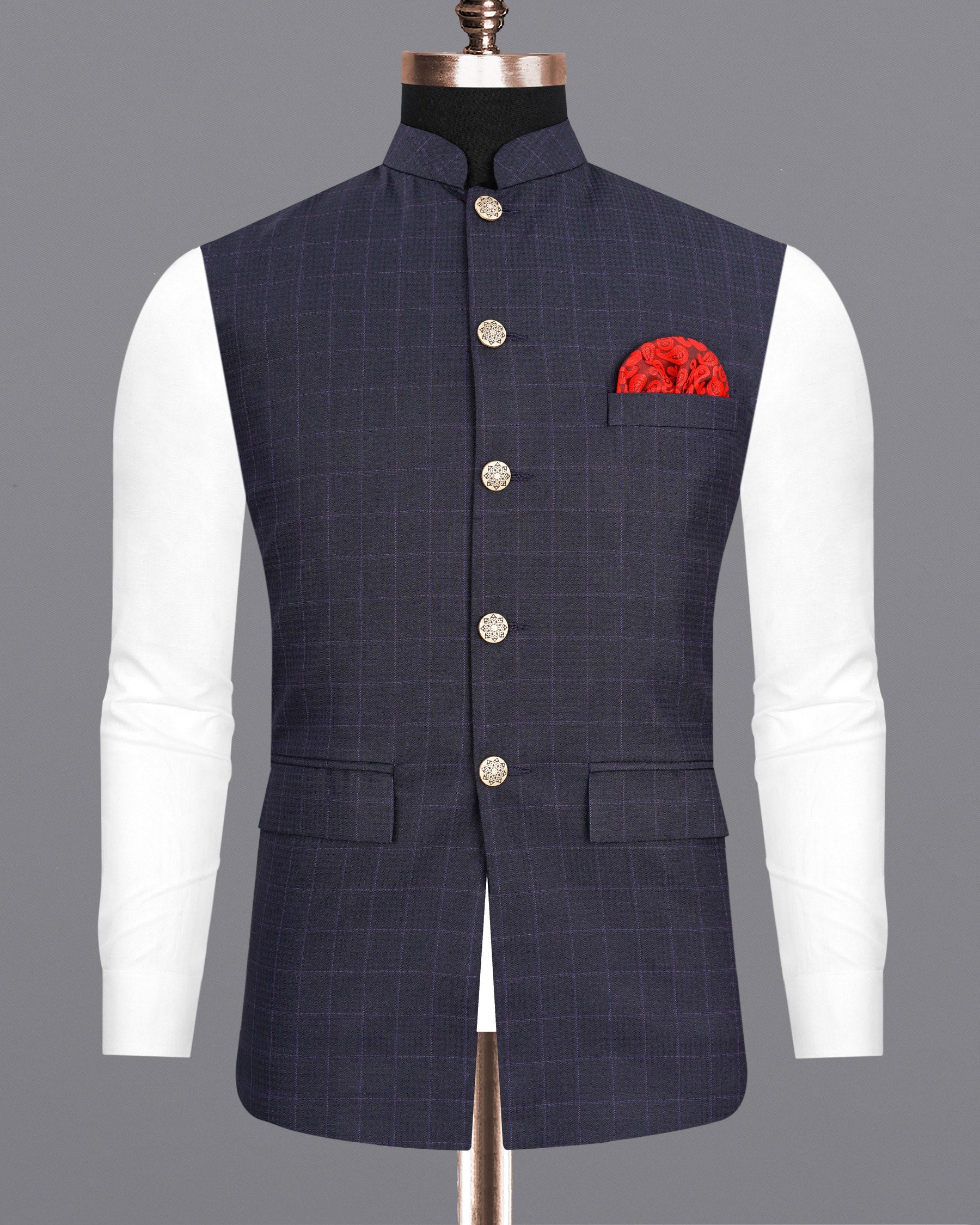 Gravel Gray Plaid Nehru Jacket WC1972-36, WC1972-38, WC1972-40, WC1972-42, WC1972-44, WC1972-46, WC1972-48, WC1972-50, WC1972-52, WC1972-54, WC1972-56, WC1972-58, WC1972-60