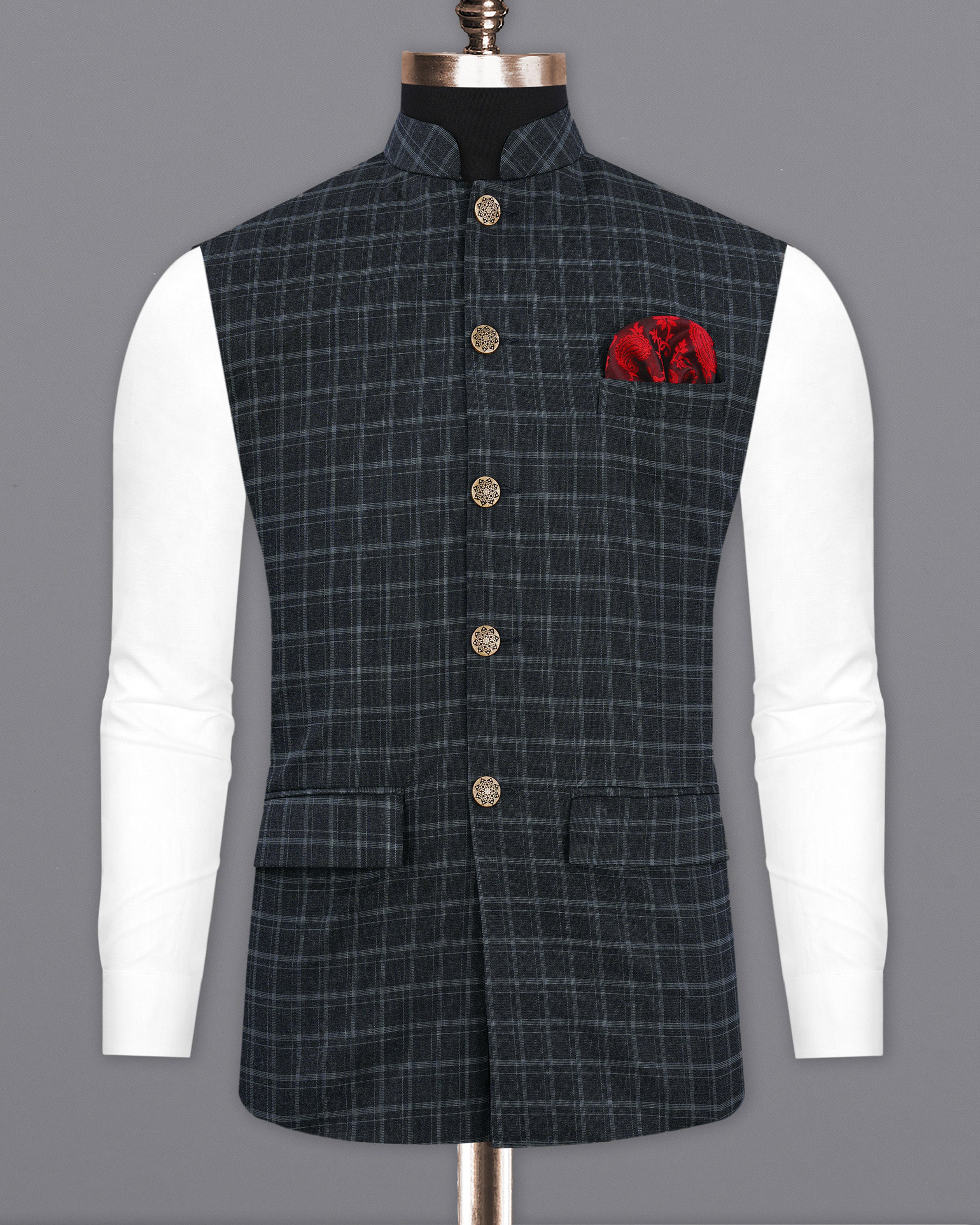 Cape God Gray Checkered Nehru Jacket