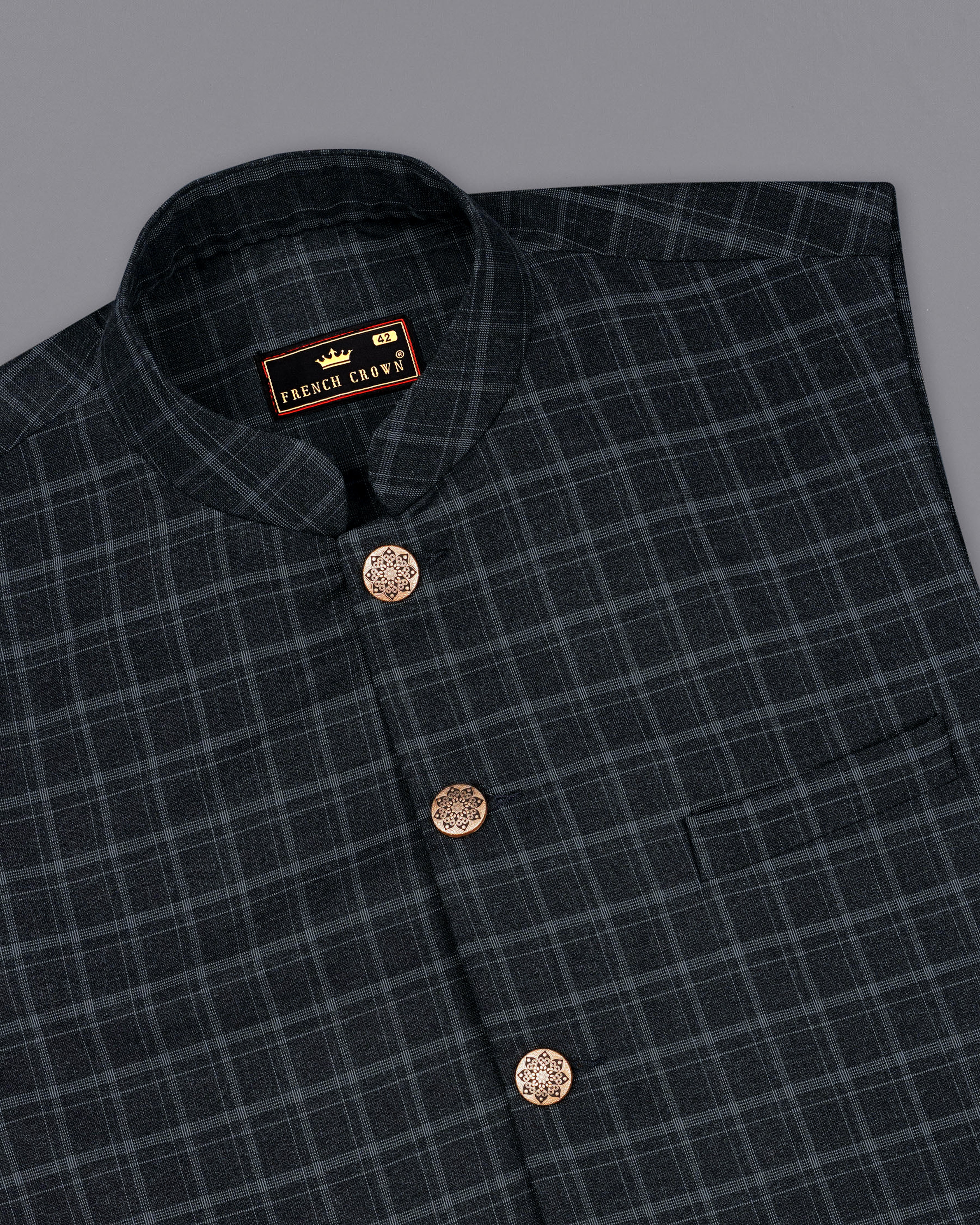 Cape God Gray Checkered Nehru Jacket