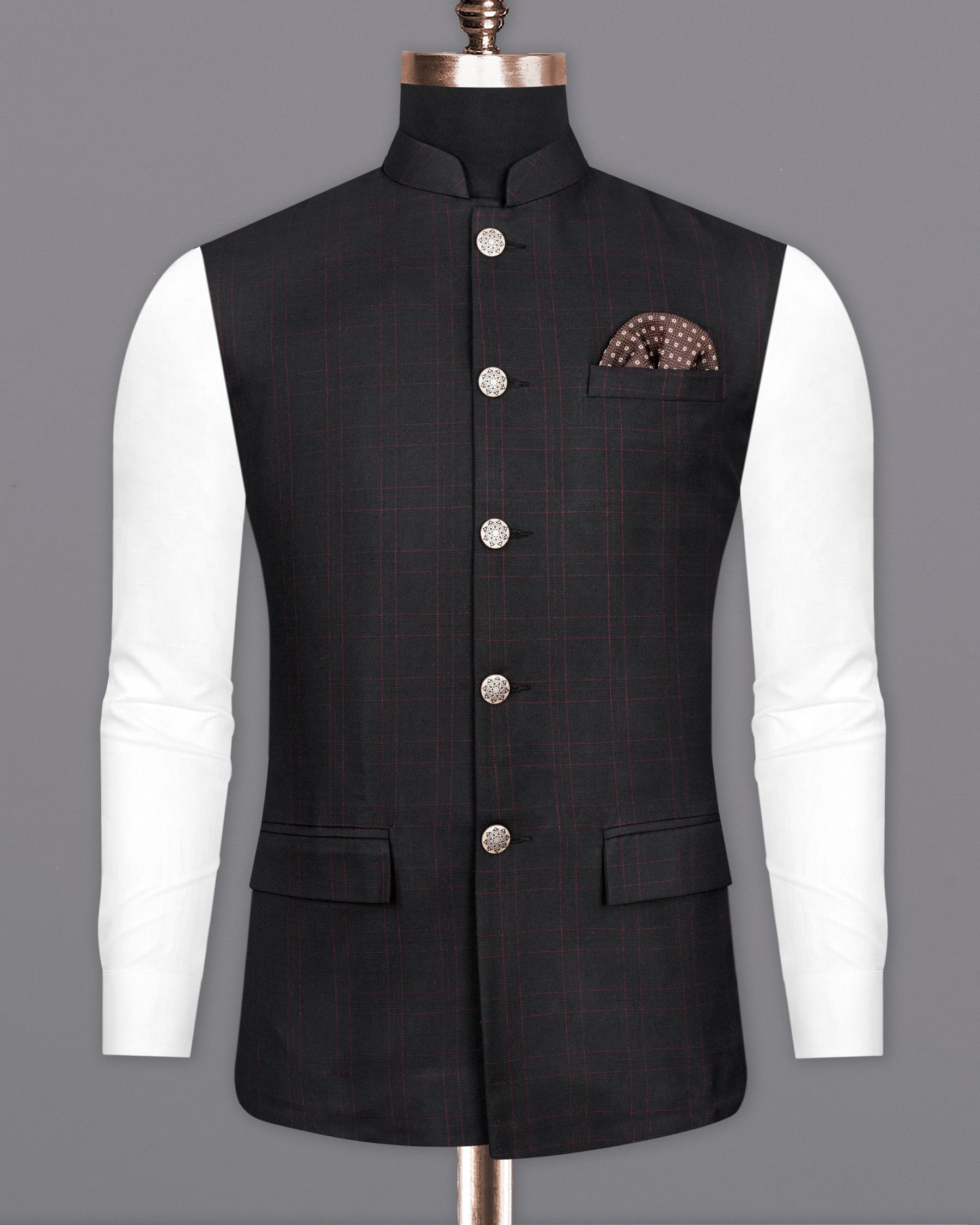 Onyx Black Plaid Nehru Jacket WC2018-36, WC2018-38, WC2018-40, WC2018-42, WC2018-44, WC2018-46, WC2018-48, WC2018-50, WC2018-52, WC2018-54, WC2018-56, WC2018-58, WC2018-60