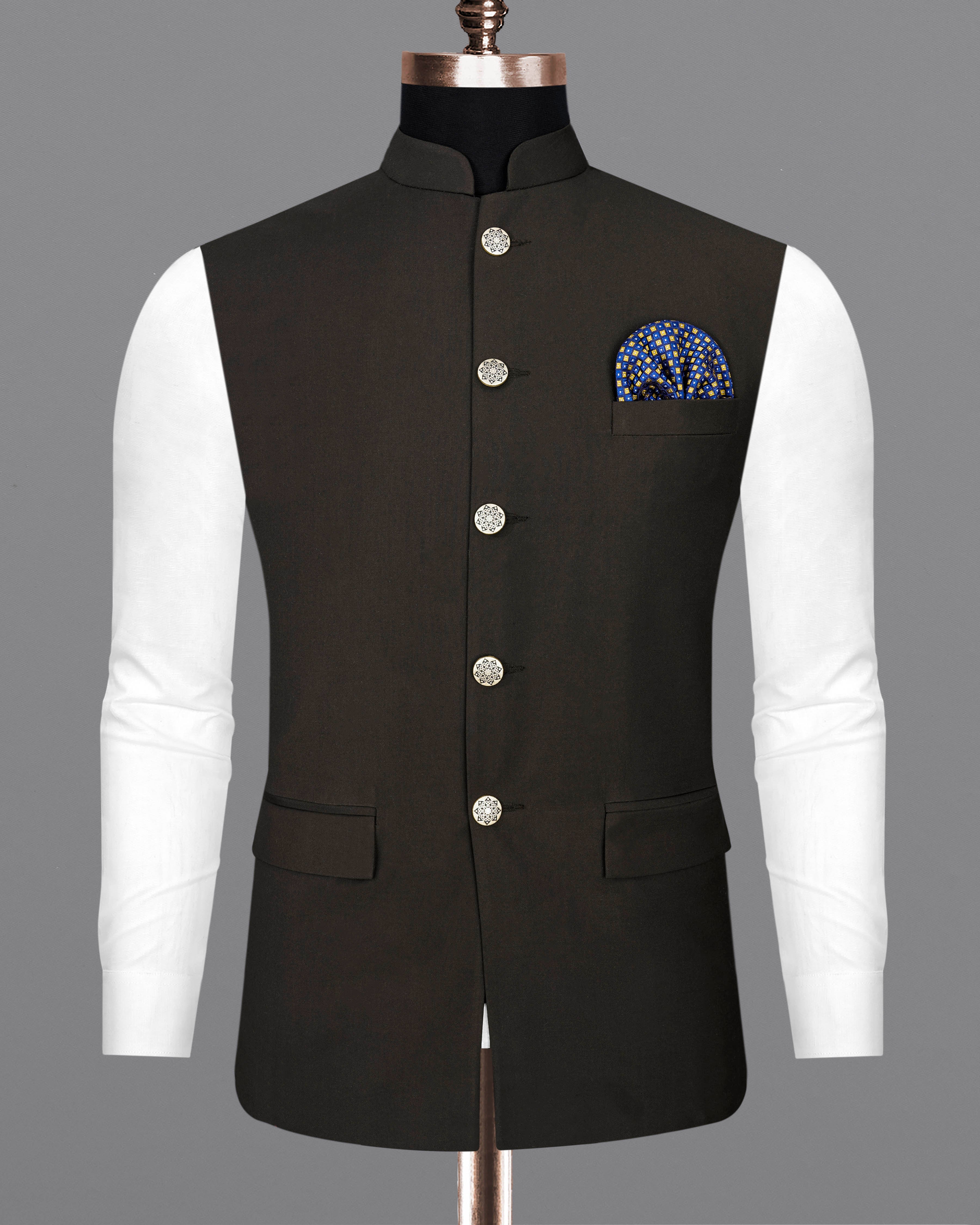 Coffee Bean Brown Pure Wool Bandhgala Designer Nehru Jacket WC2036-36, WC2036-38, WC2036-40, WC2036-42, WC2036-44, WC2036-46, WC2036-48, WC2036-50, WC2036-52, WC2036-54, WC2036-56, WC2036-58, WC2036-60