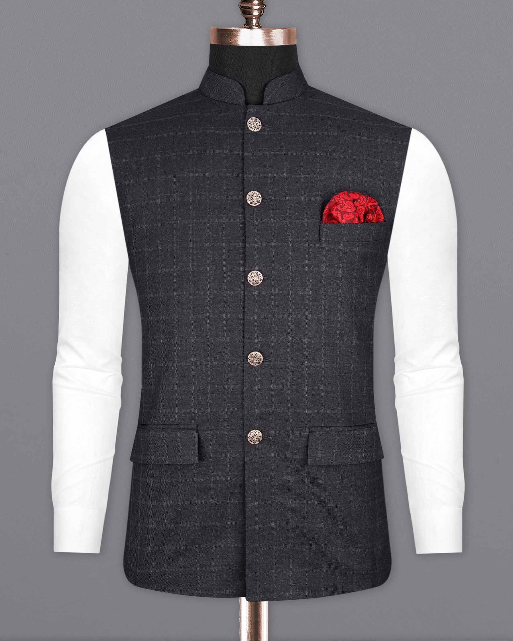 Bastille Light Black Windowpane Bandhgala Nehru Jacket WC2097-36, WC2097-38, WC2097-40, WC2097-42, WC2097-44, WC2097-46, WC2097-48, WC2097-50, WC2097-52, WC2097-54, WC2097-56, WC2097-58, WC2097-60