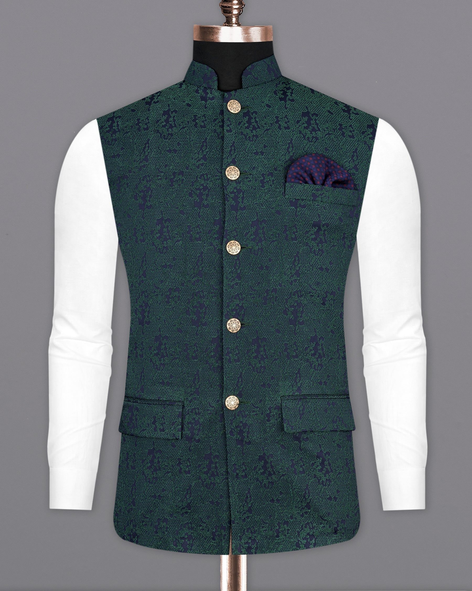 Timber Green Ditsy Textured Jacquard Designer Nehru Jacket  WC2177-36, WC2177-38, WC2177-40, WC2177-42, WC2177-44, WC2177-46, WC2177-48, WC2177-50, WC2177-52, WC2177-54, WC2177-56, WC2177-58, WC2177-60