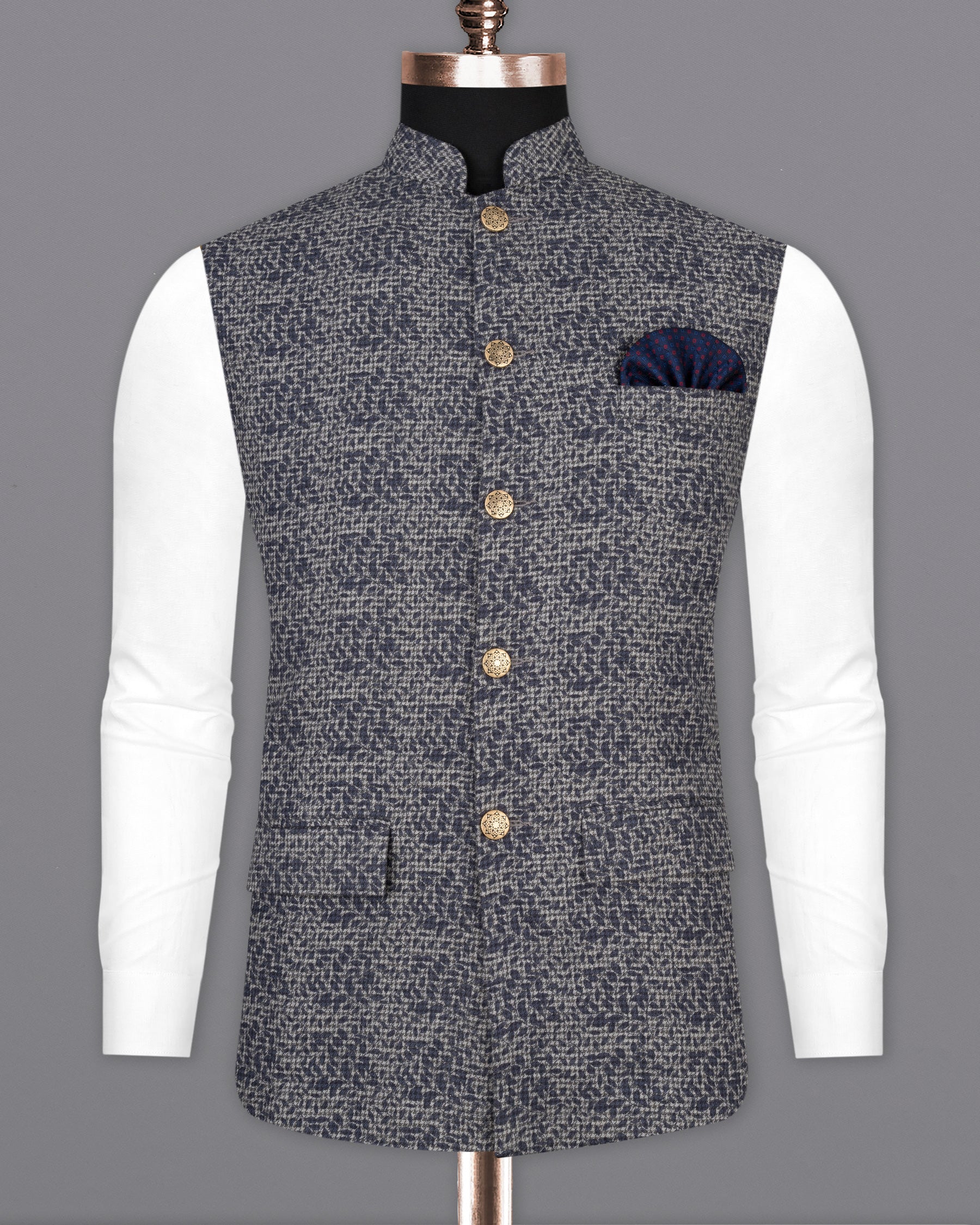 Dawn Gray and Gunmetal Navy Blue Subtle Textured Premium Cotton Designer Nehru Jacket  WC2181-36, WC2181-38, WC2181-40, WC2181-42, WC2181-44, WC2181-46, WC2181-48, WC2181-50, WC2181-52, WC2181-54, WC2181-56, WC2181-58, WC2181-60