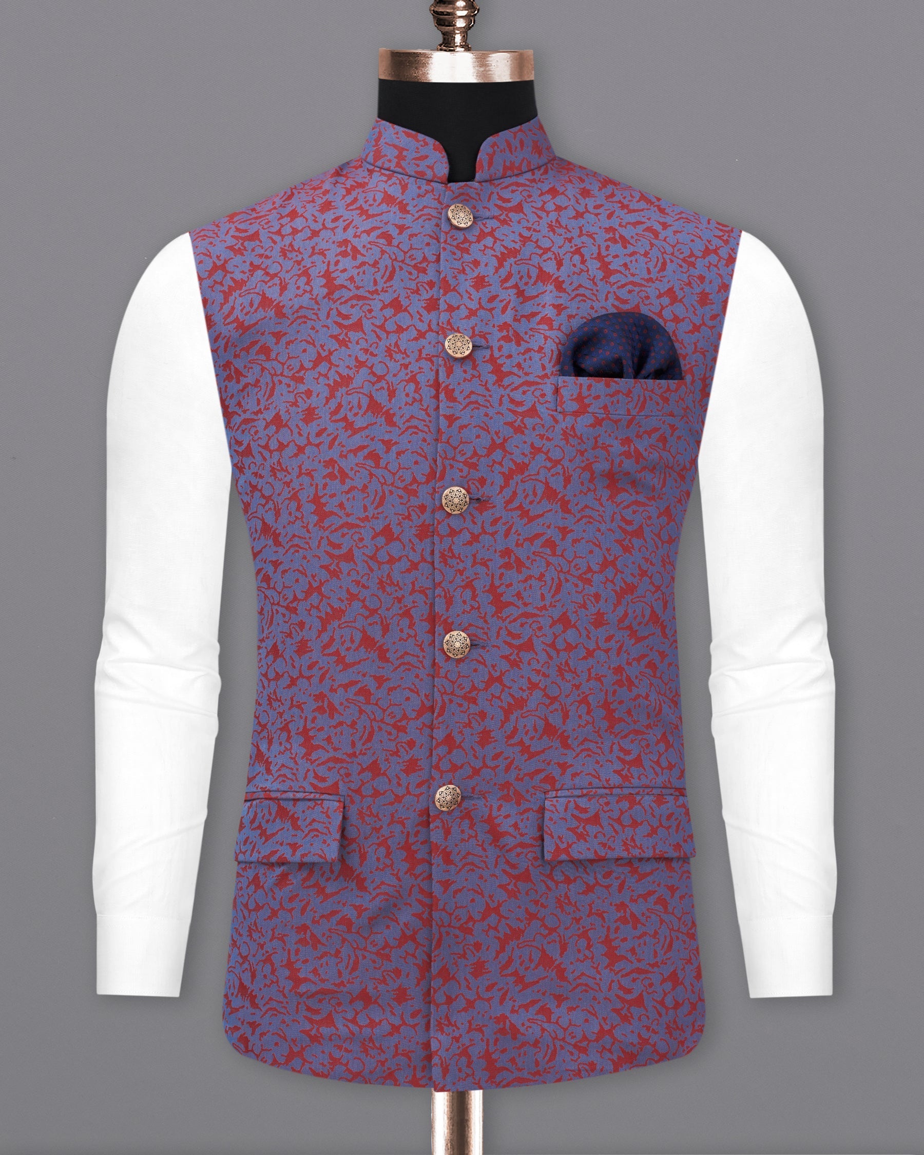 Waikawa Blue with Sanguine Red Jacquard Textured Designer Nehru Jacket  WC2190-36, WC2190-38, WC2190-40, WC2190-42, WC2190-44, WC2190-46, WC2190-48, WC2190-50, WC2190-52, WC2190-54, WC2190-56, WC2190-58, WC2190-60