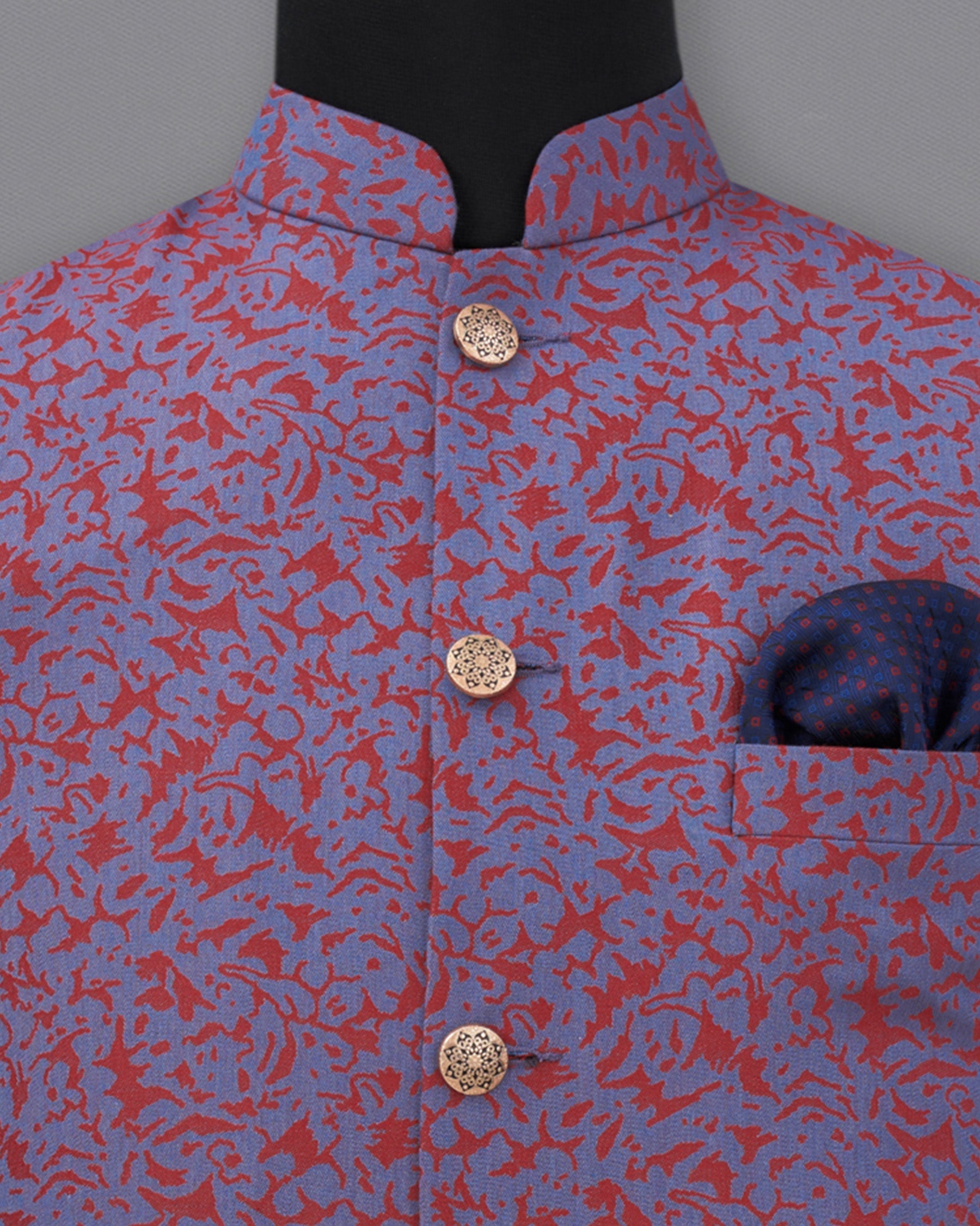 Waikawa Blue with Sanguine Red Jacquard Textured Designer Nehru Jacket  WC2190-36, WC2190-38, WC2190-40, WC2190-42, WC2190-44, WC2190-46, WC2190-48, WC2190-50, WC2190-52, WC2190-54, WC2190-56, WC2190-58, WC2190-60