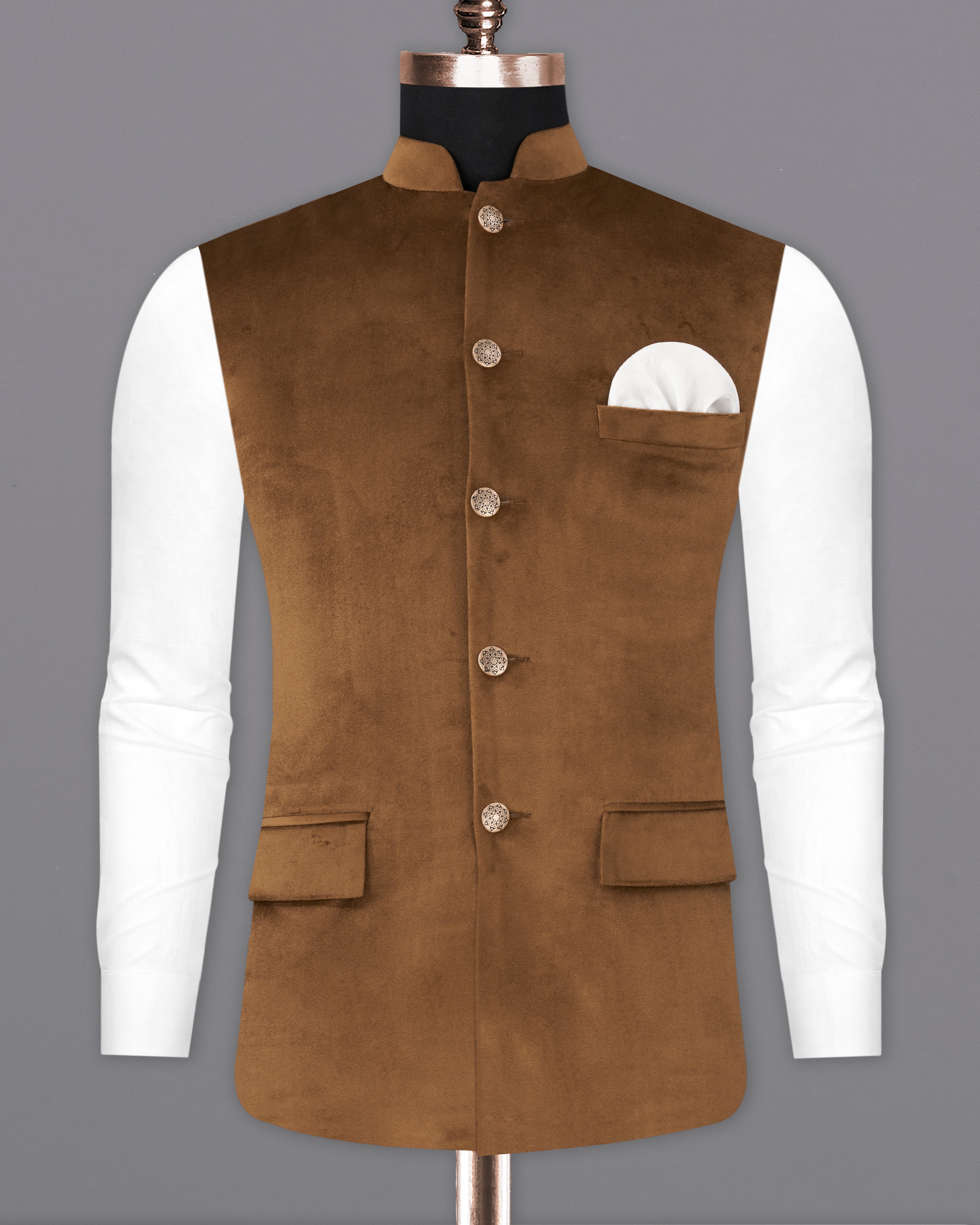 Nutmeg Brown Premium Velvet Designer Nehru Jacket  WC2205-36, WC2205-38, WC2205-40, WC2205-42, WC2205-44, WC2205-46, WC2205-48, WC2205-50, WC2205-52, WC2205-54, WC2205-56, WC2205-58, WC2205-60