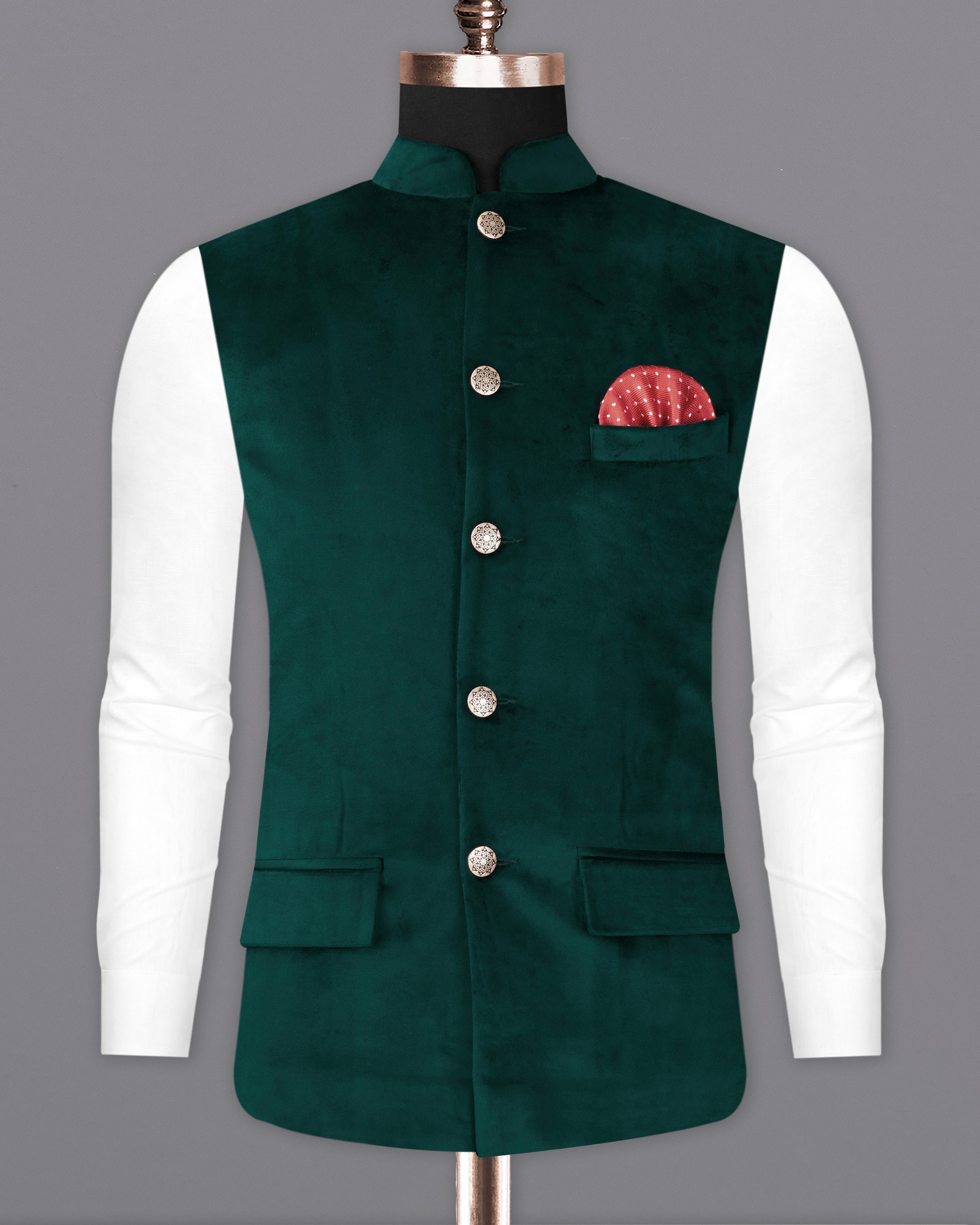 Burnham Dark Green Velvet Designer Nehru Jacket WC2222-36, WC2222-38, WC2222-40, WC2222-42, WC2222-44, WC2222-46, WC2222-48, WC2222-50, WC2222-52, WC2222-54, WC2222-56, WC2222-58, WC2222-60