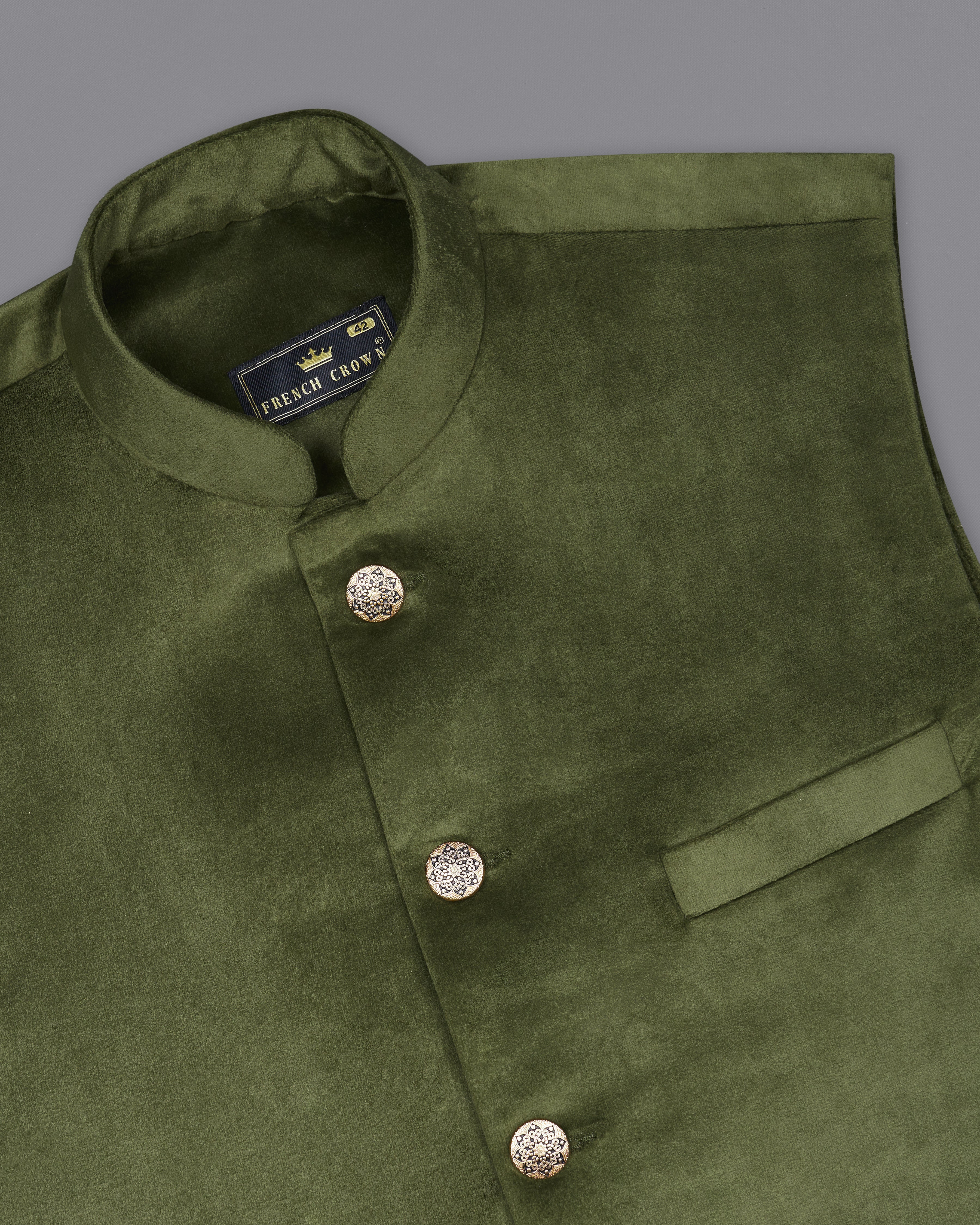 Fuscous Green Velvet Designer Nehru Jacket ,WC2238-36, WC2238-38, WC2238-40, WC2238-42, WC2238-44, WC2238-46, WC2238-48, WC2238-50, WC2238-52, WC2238-54, WC2238-56, WC2238-58, WC2238-60