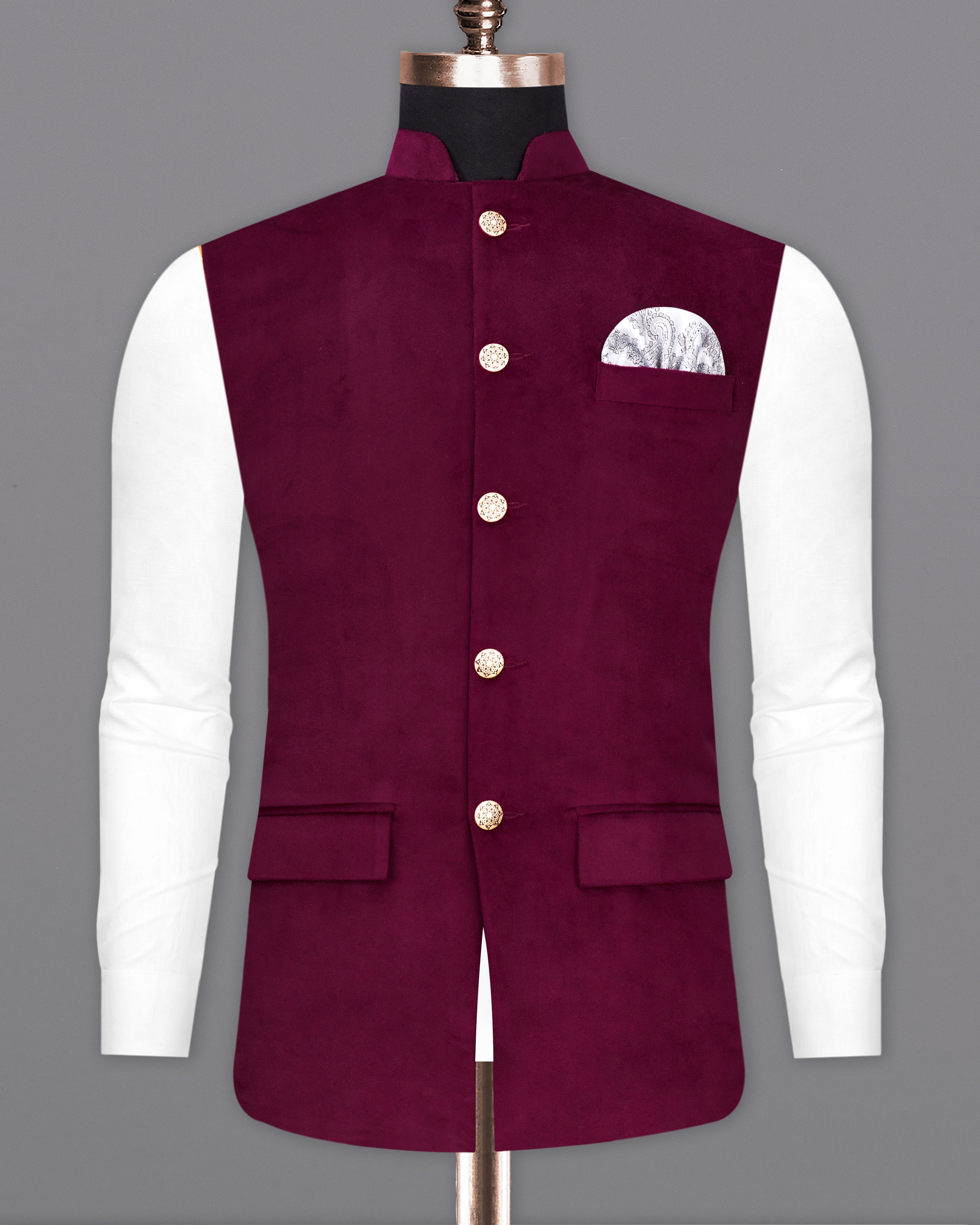 Barossa Maroon Velvet Designer Nehru Jacket WC2239-36, WC2239-38, WC2239-40, WC2239-42, WC2239-44, WC2239-46, WC2239-48, WC2239-50, WC2239-52, WC2239-54, WC2239-56, WC2239-58, WC2239-60