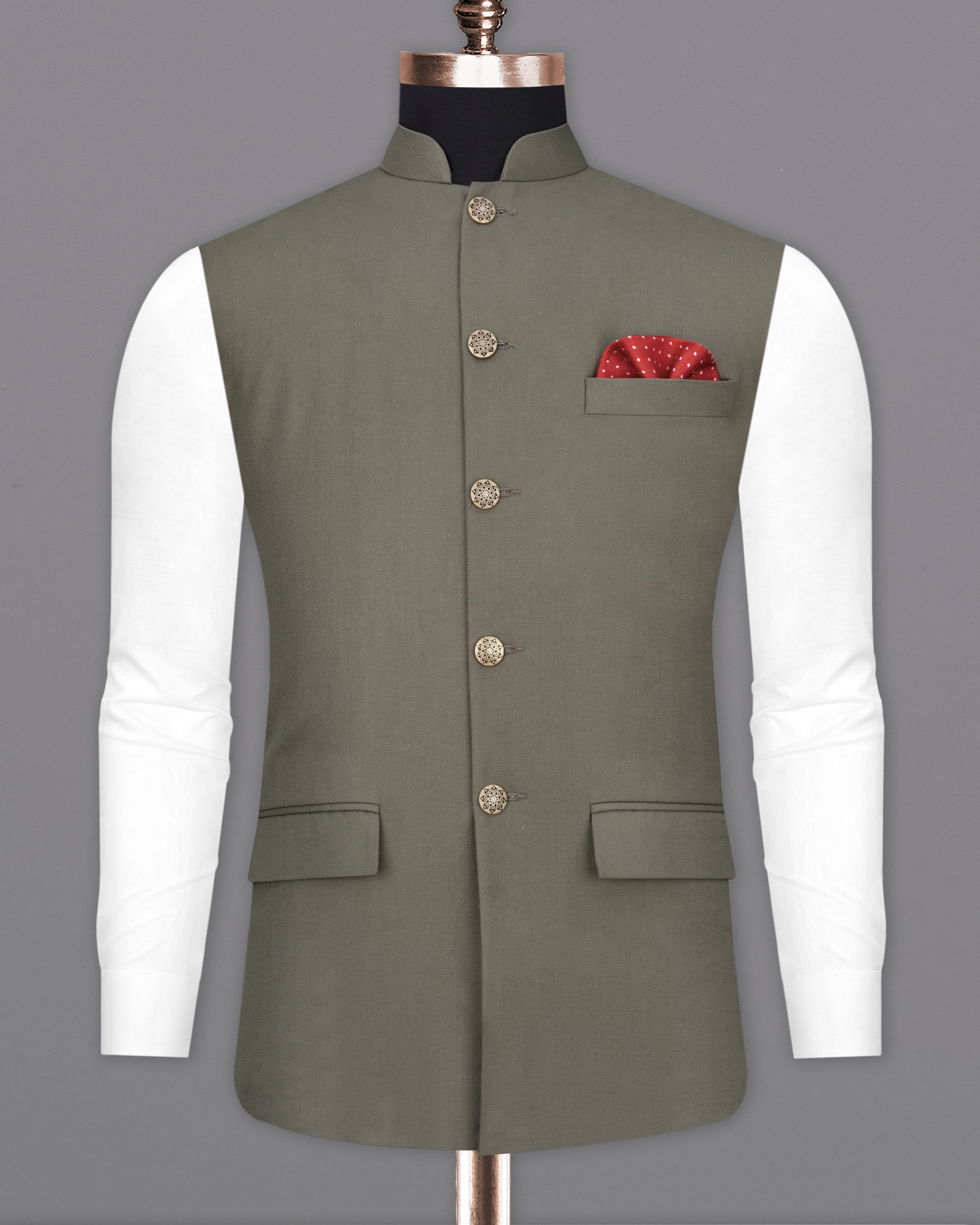 Sandstonne Green Nehru Jacket WC2247-36, WC2247-38, WC2247-40, WC2247-42, WC2247-44, WC2247-46, WC2247-48, WC2247-50, WC2247-52, WC2247-54, WC2247-56, WC2247-58, WC2247-60