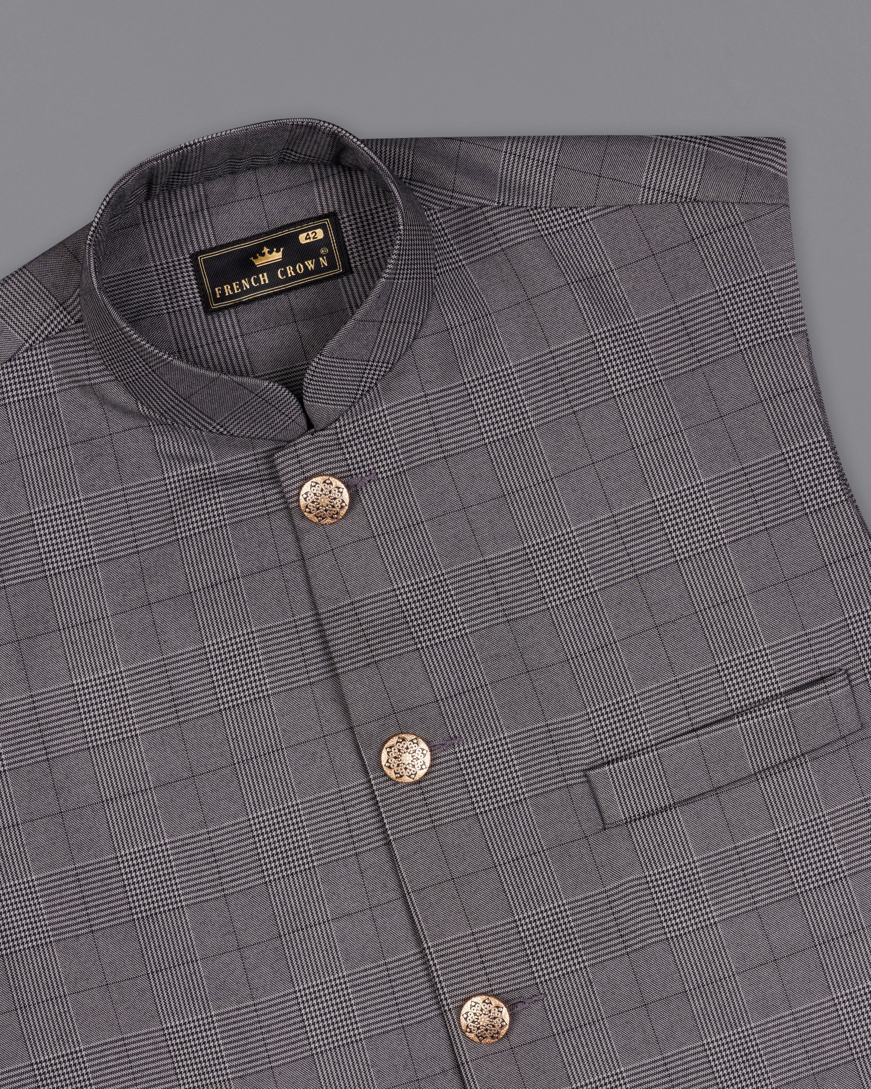 Fuscous Gray Plaid Nehru Jacket