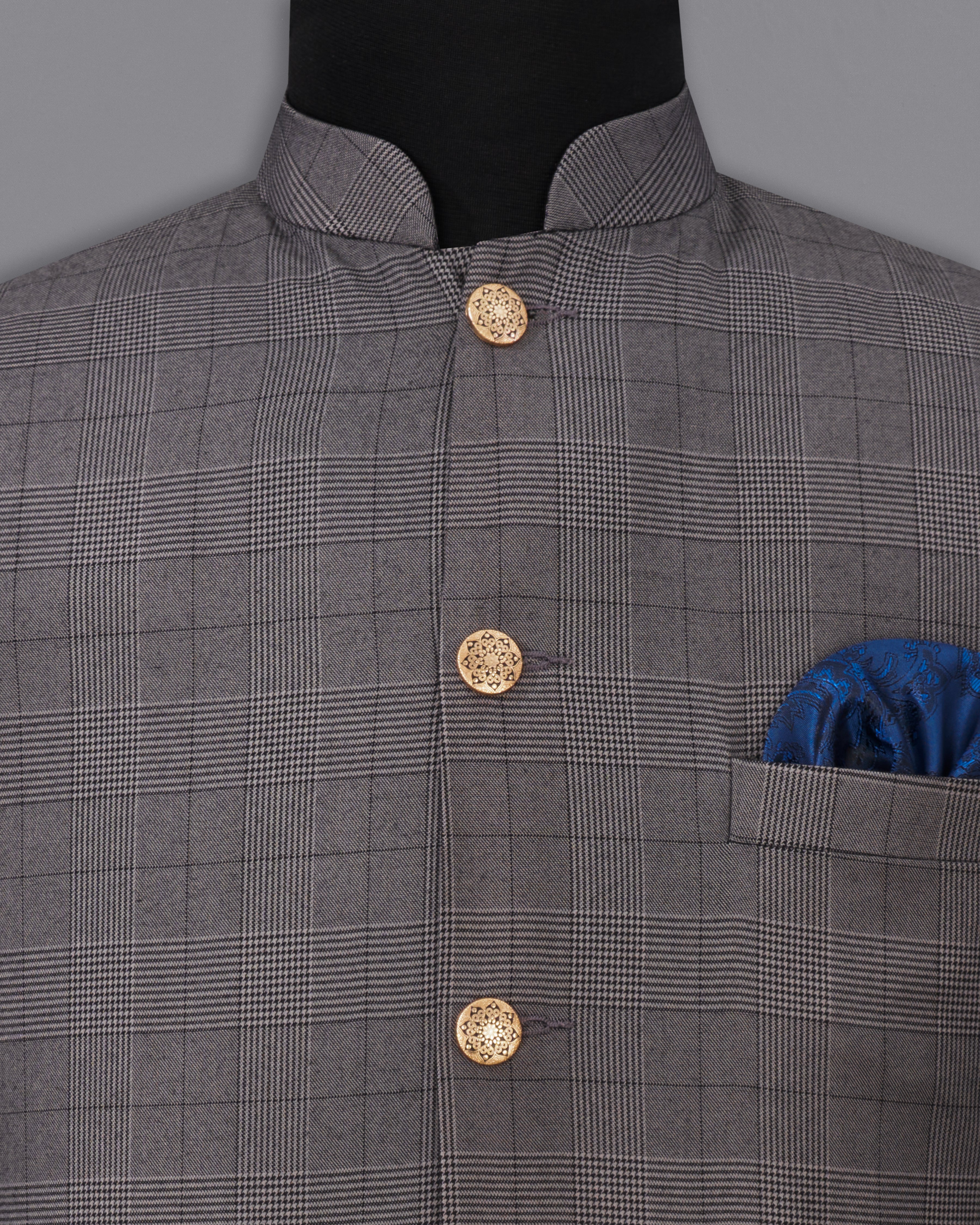 Fuscous Gray Plaid Nehru Jacket