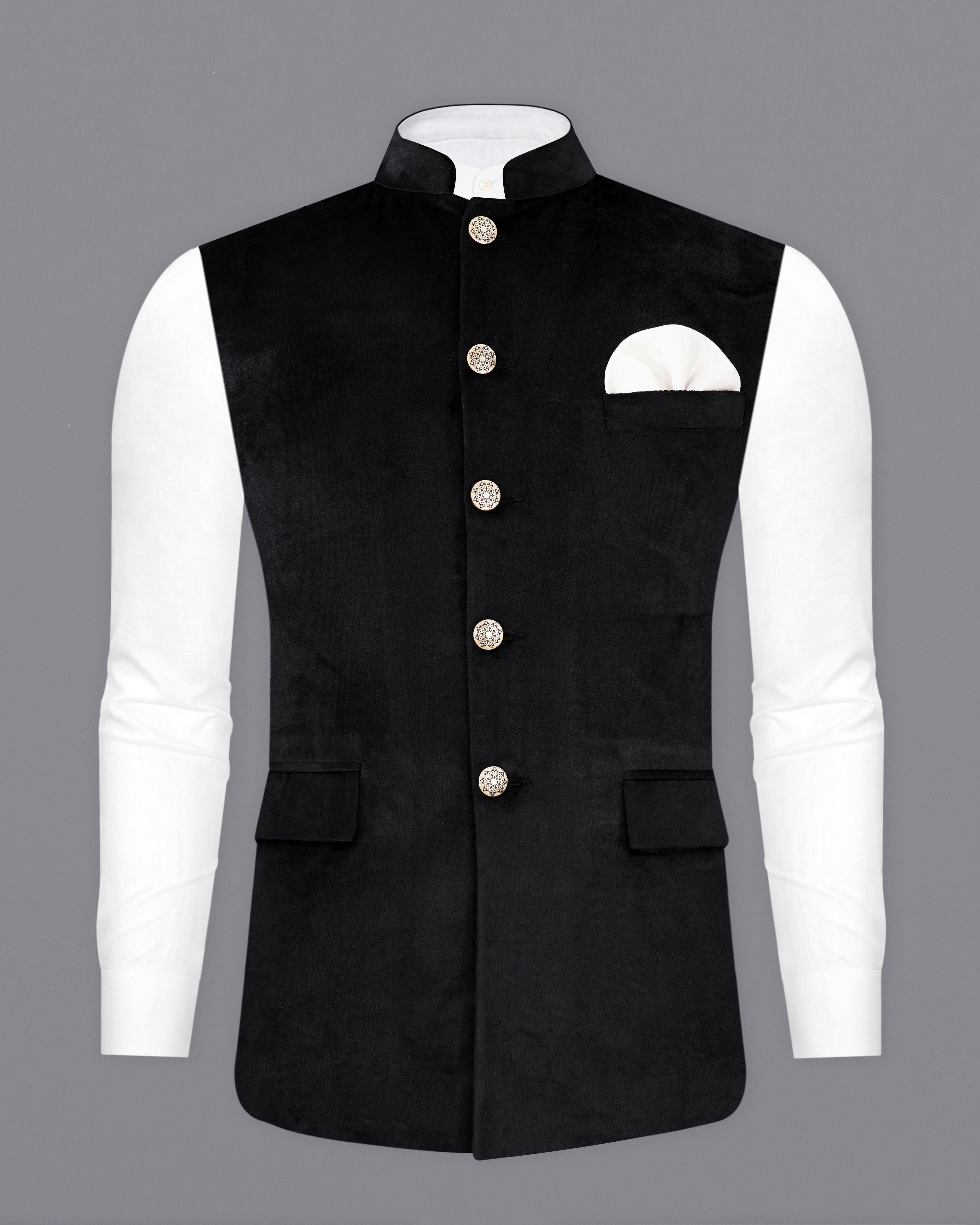 Jade Black  Velvet Designer Nehru Jacket WC2272-36, WC2272-38, WC2272-40, WC2272-42, WC2272-44, WC2272-46, WC2272-48, WC2272-50, WC2272-52, WC2272-54, WC2272-56, WC2272-58, WC2272-60