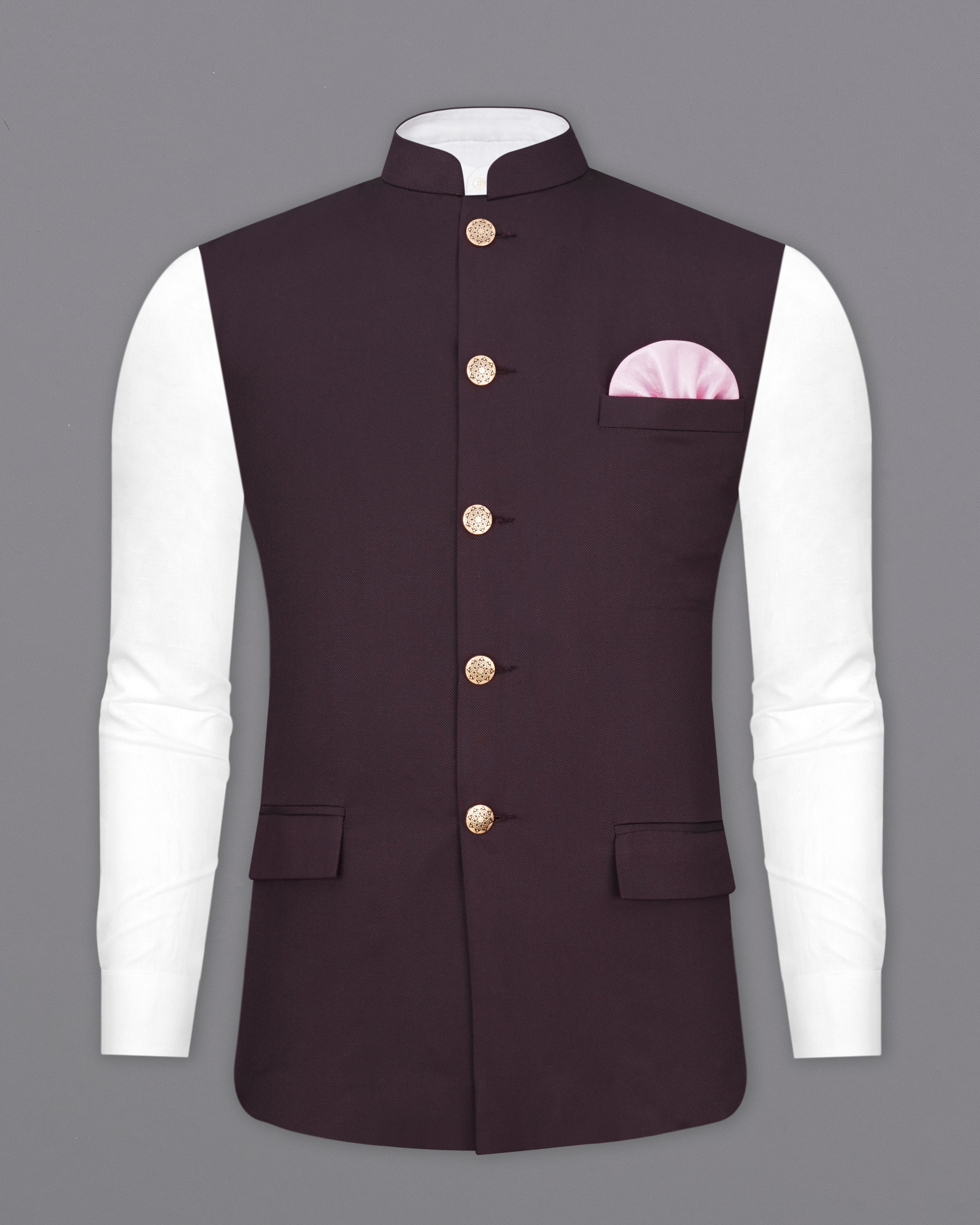 Aubergine Maroon Textured Nehru Jacket WC2291-36, WC2291-38, WC2291-40, WC2291-42, WC2291-44, WC2291-46, WC2291-48, WC2291-50, WC2291-52, WC2291-54, WC2291-56, WC2291-58, WC2291-60