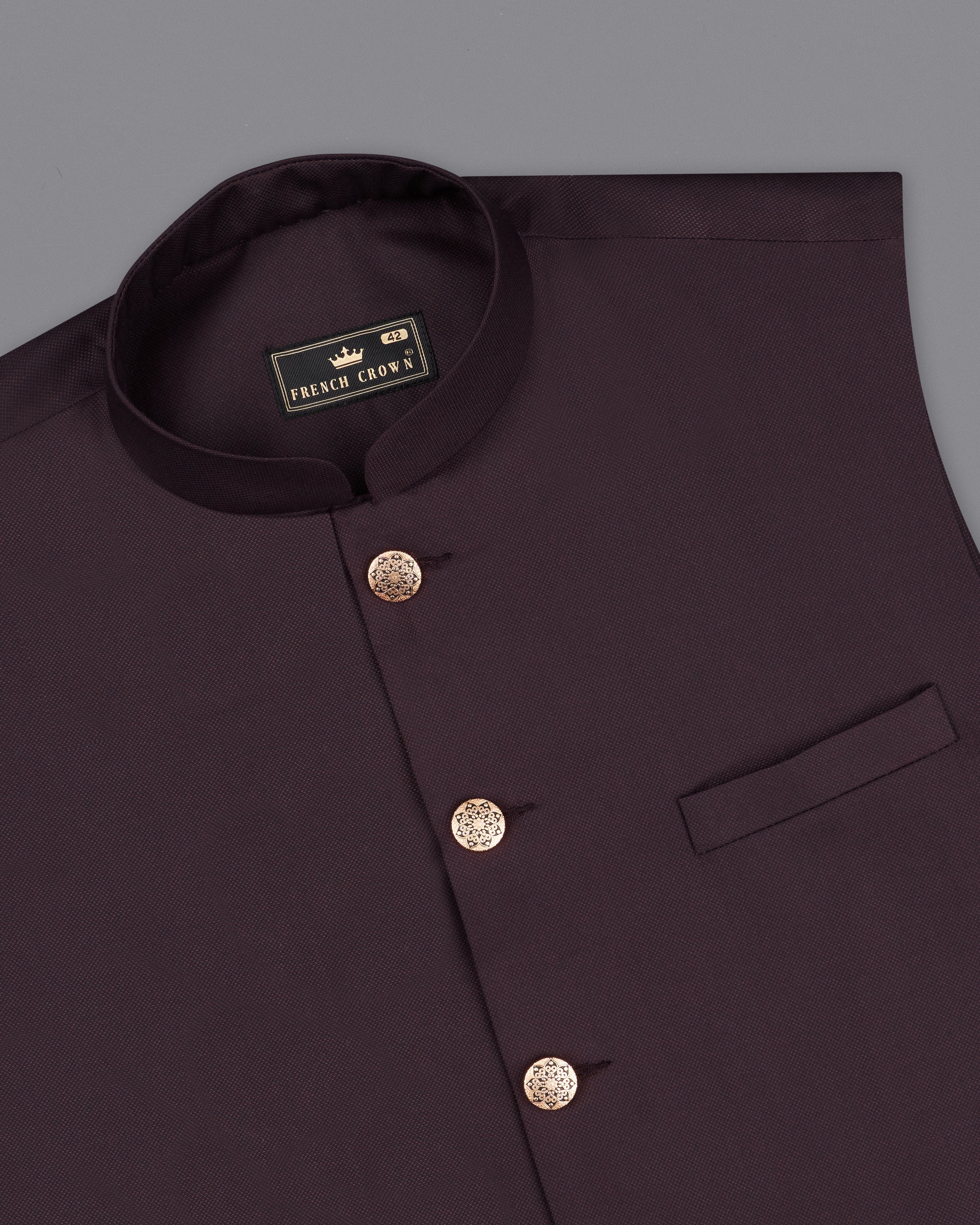 Aubergine Maroon Textured Nehru Jacket WC2291-36, WC2291-38, WC2291-40, WC2291-42, WC2291-44, WC2291-46, WC2291-48, WC2291-50, WC2291-52, WC2291-54, WC2291-56, WC2291-58, WC2291-60