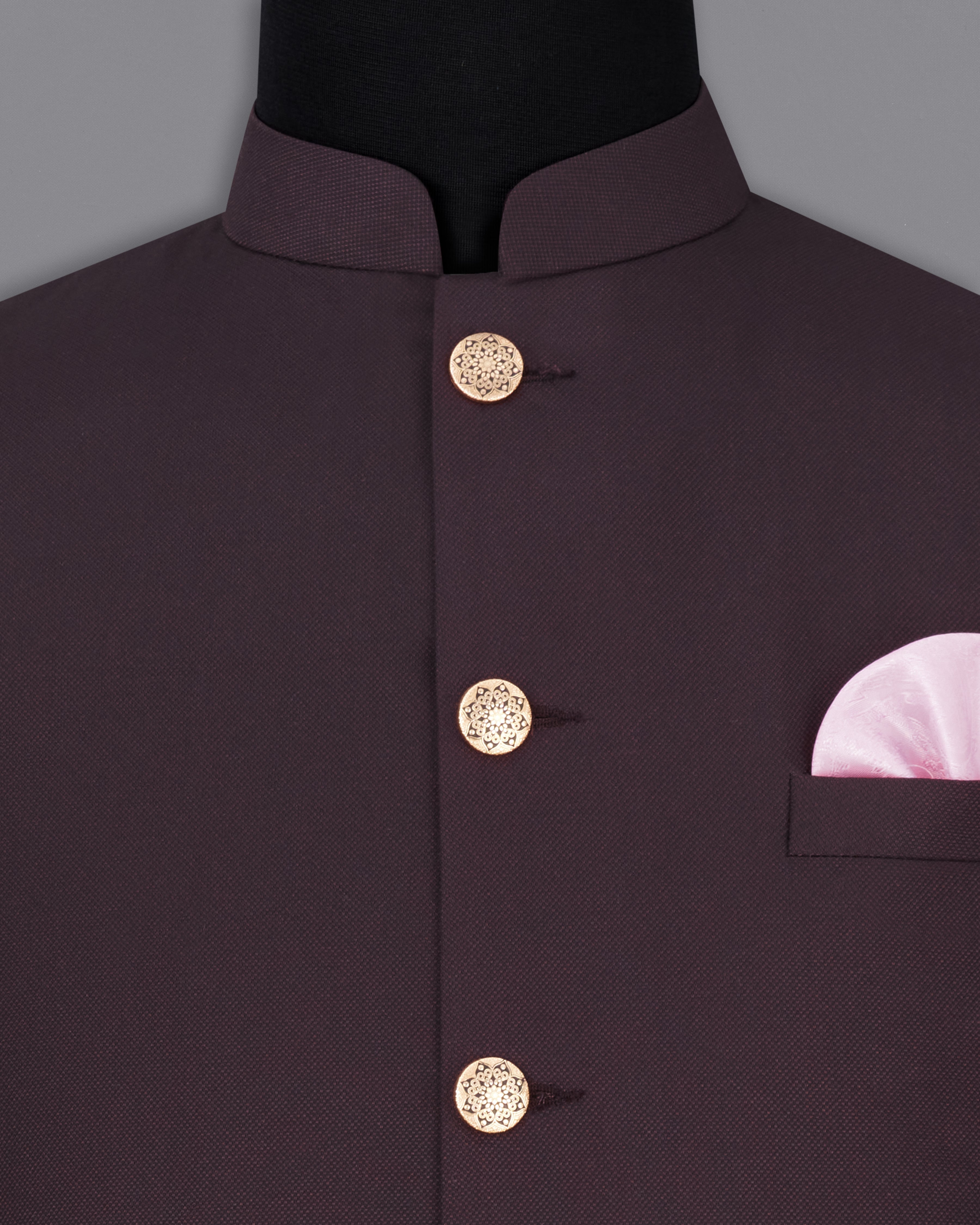 Aubergine Maroon Textured Nehru Jacket WC2291-36, WC2291-38, WC2291-40, WC2291-42, WC2291-44, WC2291-46, WC2291-48, WC2291-50, WC2291-52, WC2291-54, WC2291-56, WC2291-58, WC2291-60