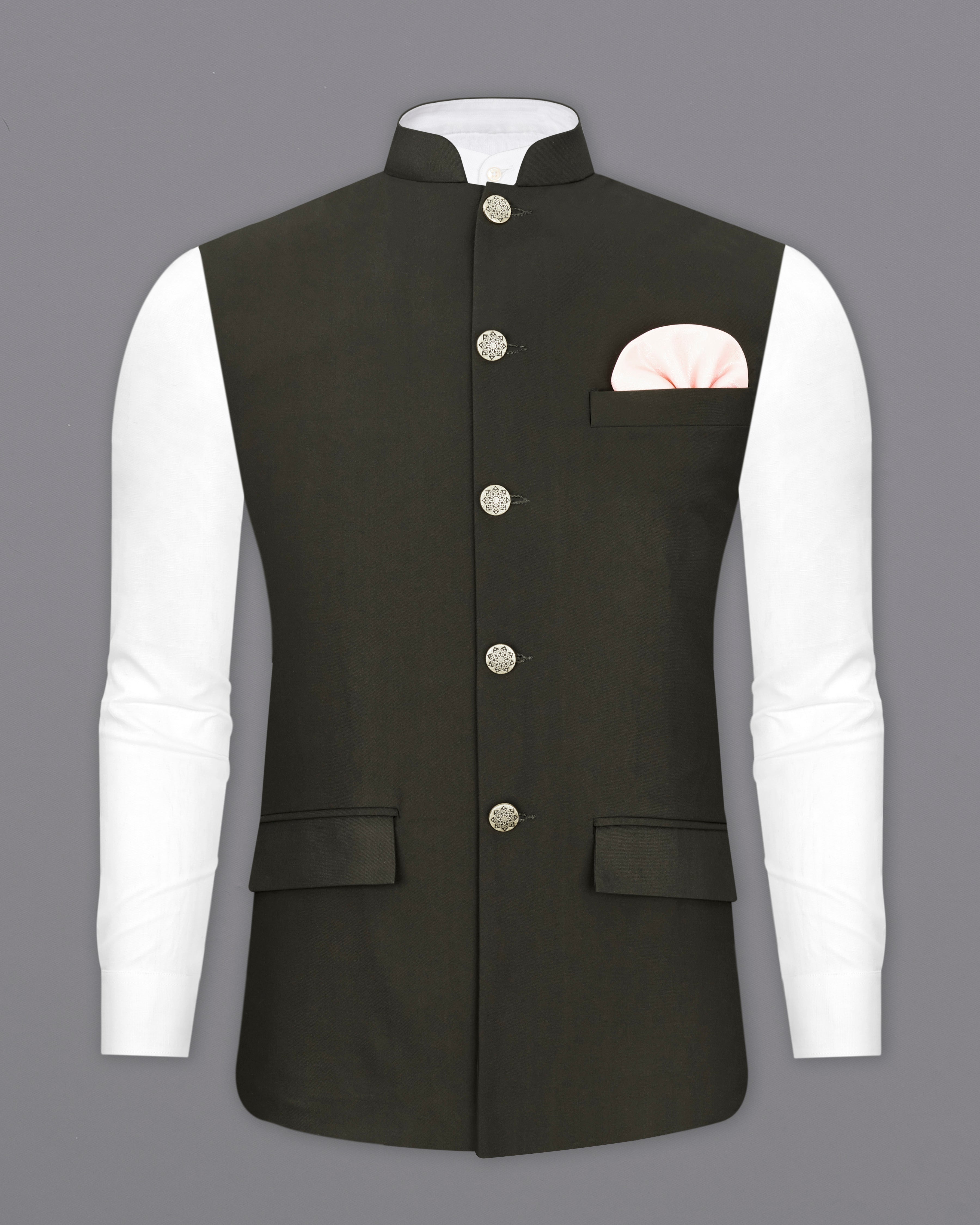 Bistre Green Textured Nehru Jacket WC2295-36, WC2295-38, WC2295-40, WC2295-42, WC2295-44, WC2295-46, WC2295-48, WC2295-50, WC2295-52, WC2295-54, WC2295-56, WC2295-58, WC2295-60