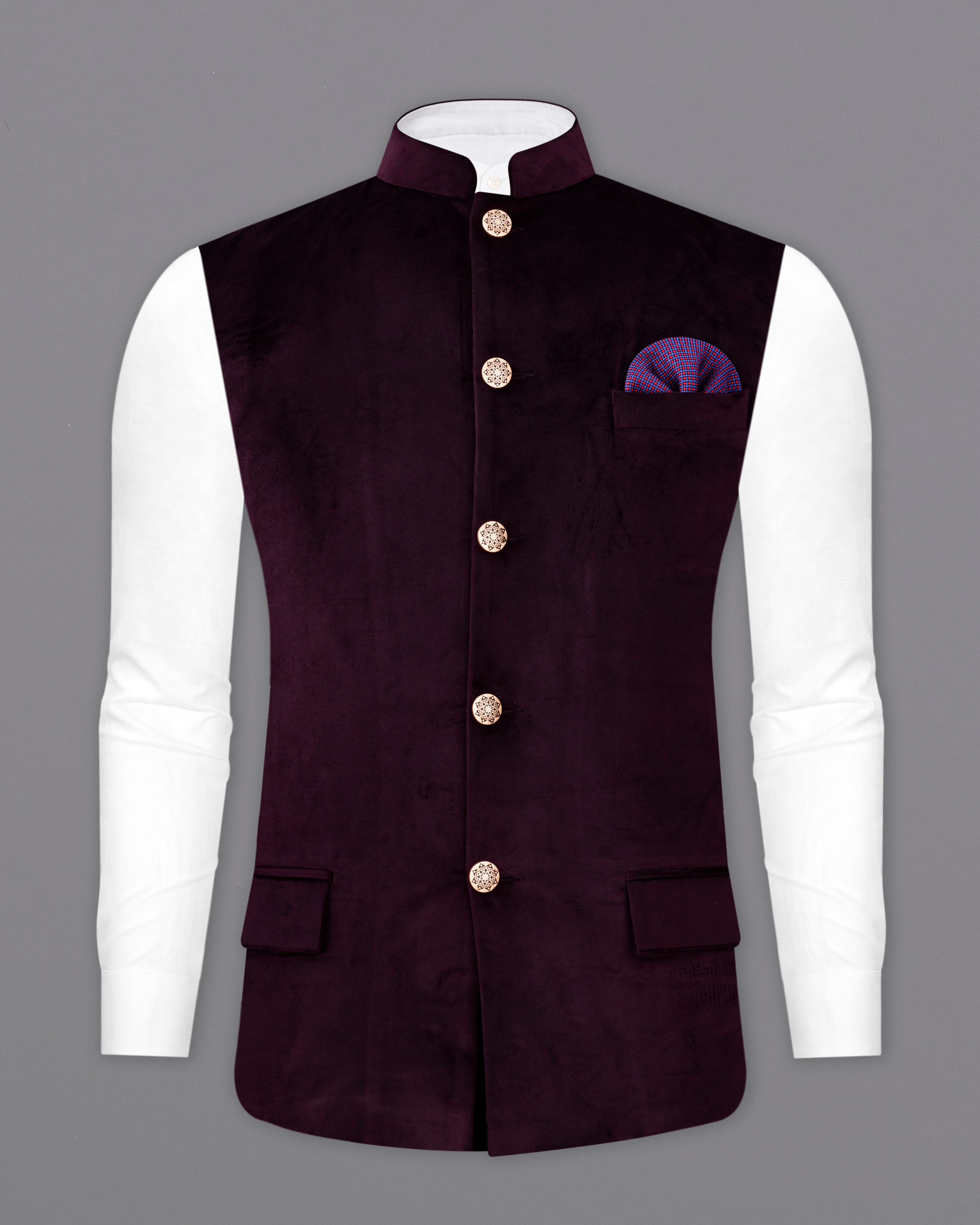 Eclipse Wine Velvet Nehru Jacket WC2296-36, WC2296-38, WC2296-40, WC2296-42, WC2296-44, WC2296-46, WC2296-48, WC2296-50, WC2296-52, WC2296-54, WC2296-56, WC2296-58, WC2296-60