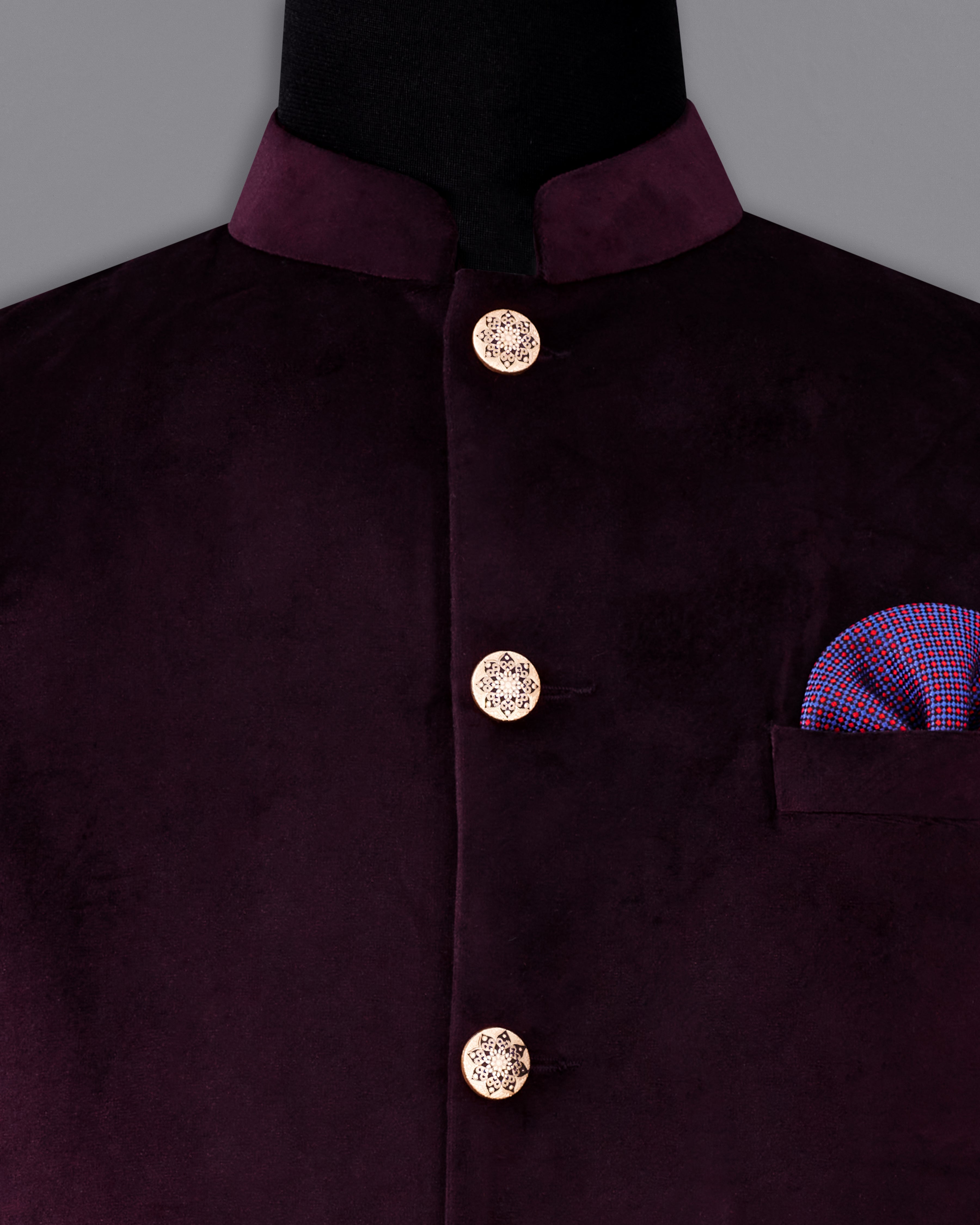 Eclipse Wine Velvet Nehru Jacket WC2296-36, WC2296-38, WC2296-40, WC2296-42, WC2296-44, WC2296-46, WC2296-48, WC2296-50, WC2296-52, WC2296-54, WC2296-56, WC2296-58, WC2296-60