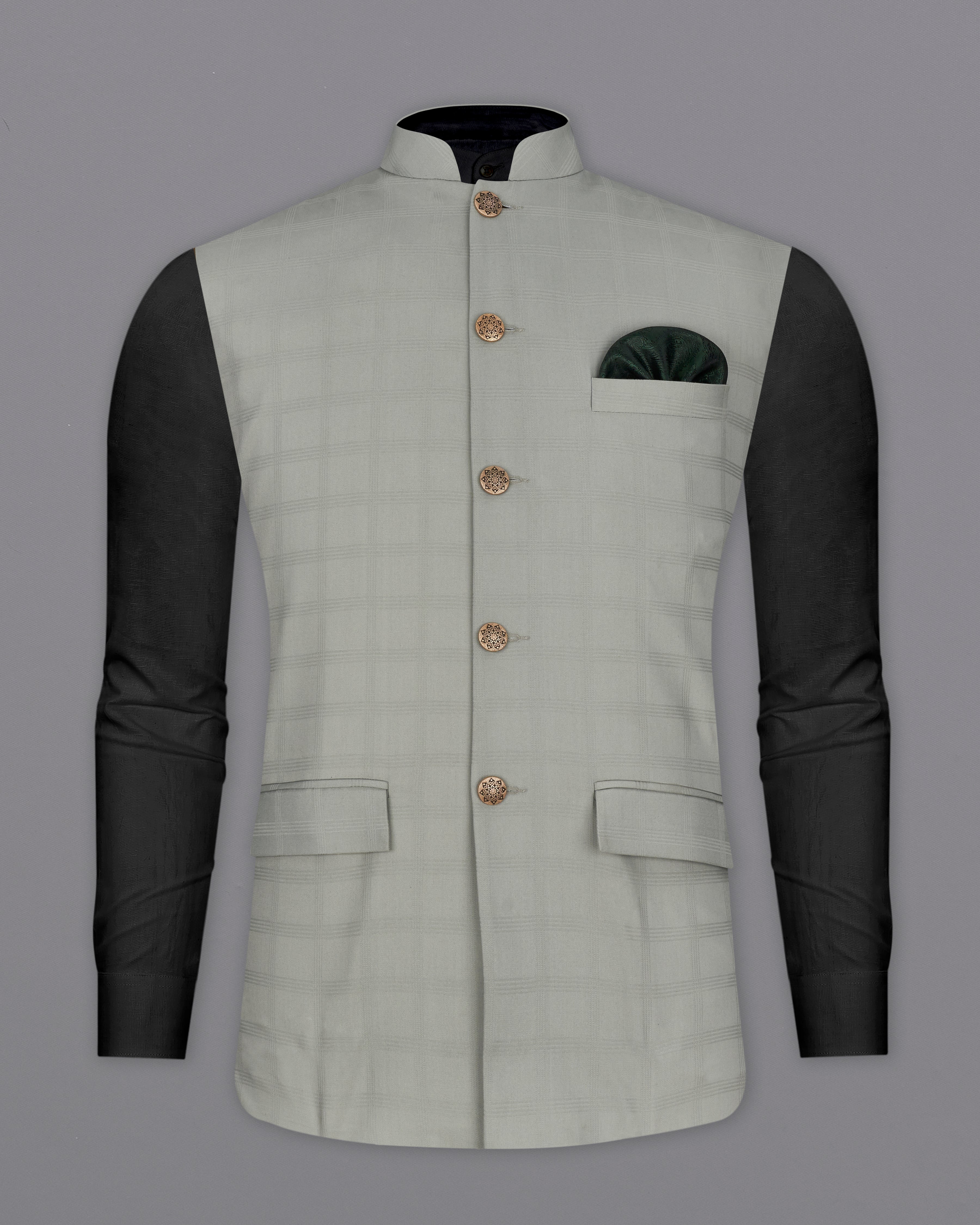 Dawn Gray Plaid  Nehru Jacket WC2298-36, WC2298-38, WC2298-40, WC2298-42, WC2298-44, WC2298-46, WC2298-48, WC2298-50, WC2298-52, WC2298-54, WC2298-56, WC2298-58, WC2298-60