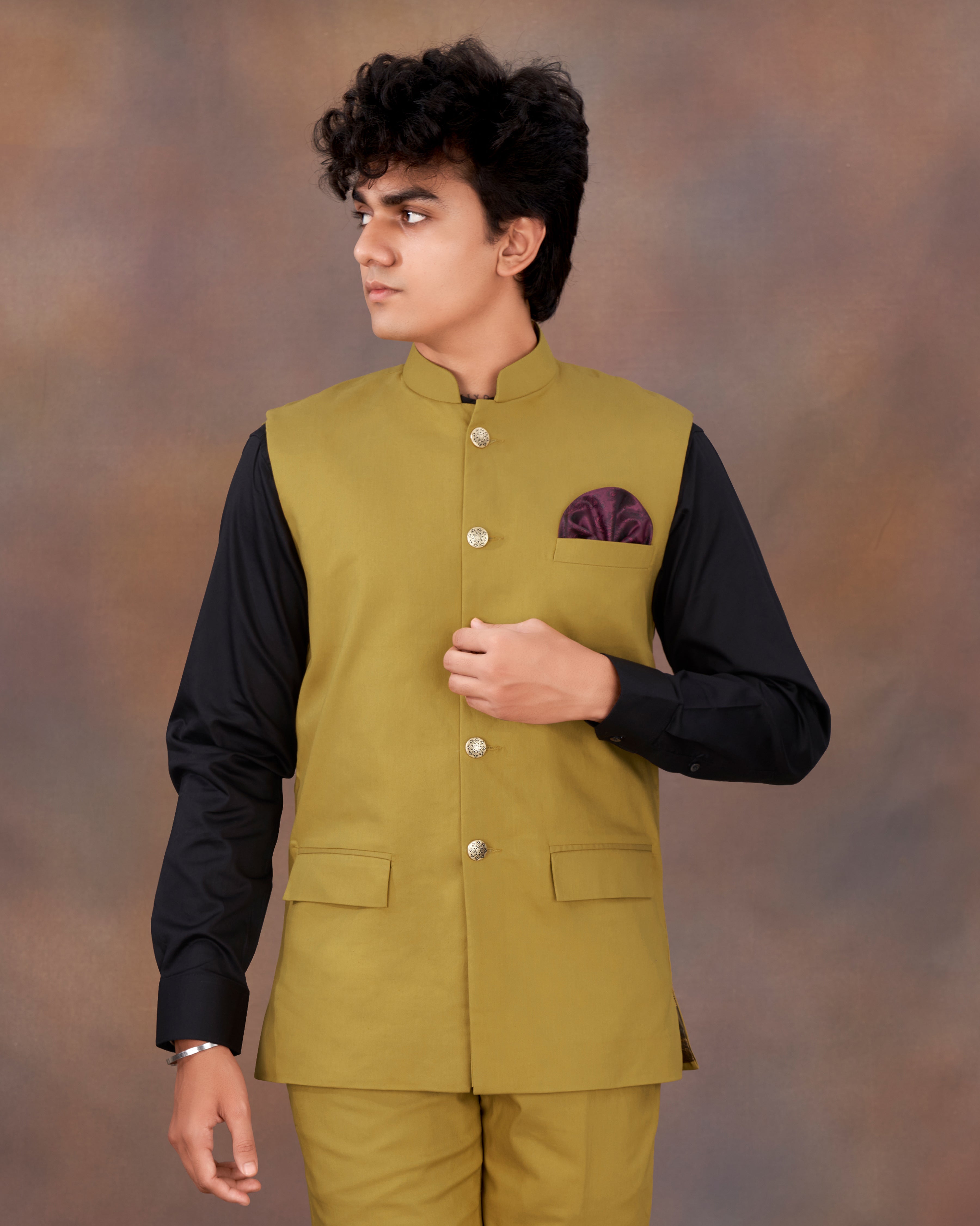 Sycamore Yellow Premium Cotton Nehru Jacket WC2316-36, WC2316-38, WC2316-40, WC2316-42, WC2316-44, WC2316-46, WC2316-48, WC2316-50, WC2316-52, WC2316-54, WC2316-56, WC2316-58, WC2316-60