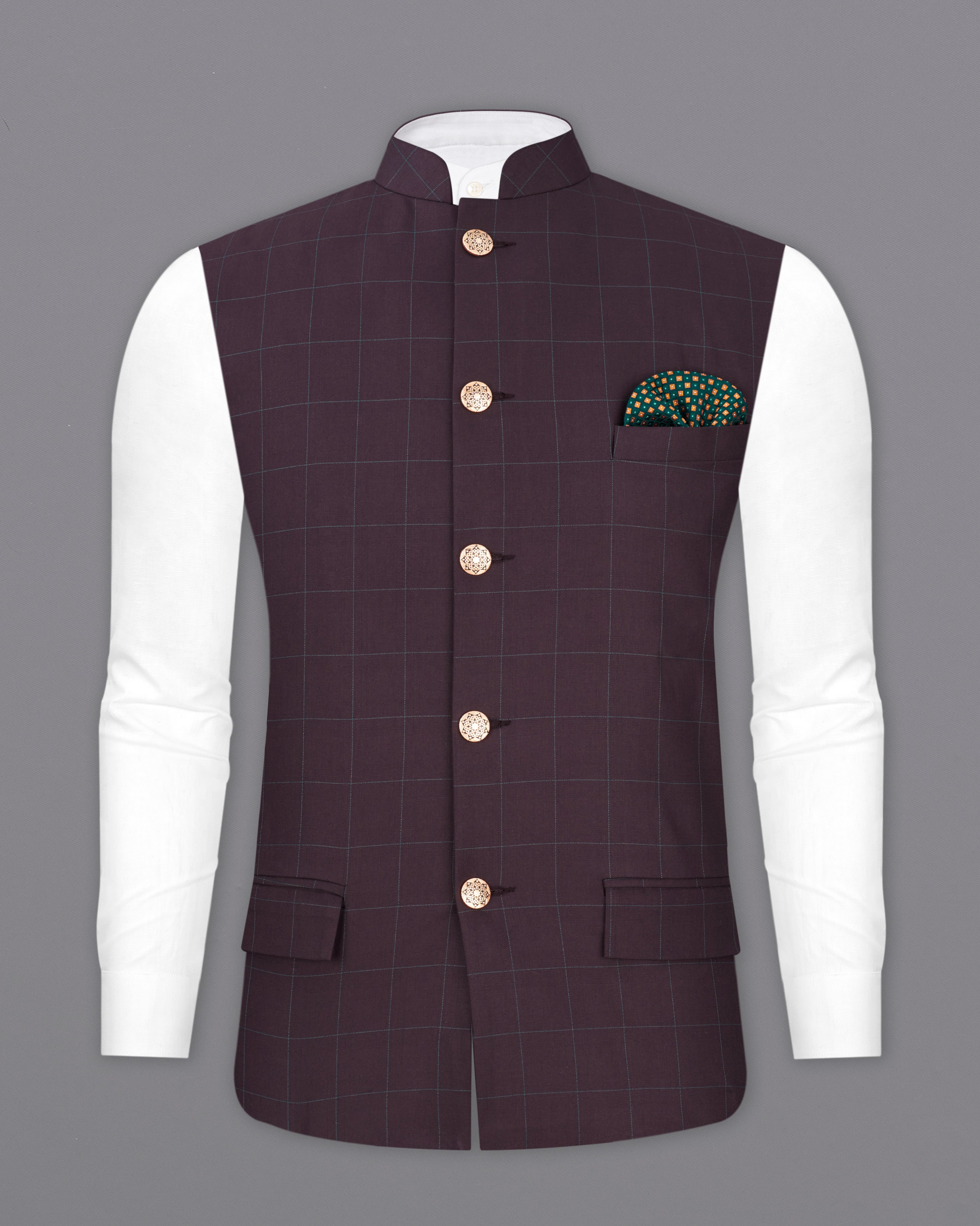 Thunder Maroon Plaid Nehru Jacket WC2332-36, WC2332-38, WC2332-40, WC2332-42, WC2332-44, WC2332-46, WC2332-48, WC2332-50, WC2332-52, WC2332-54, WC2332-56, WC2332-58, WC2332-60