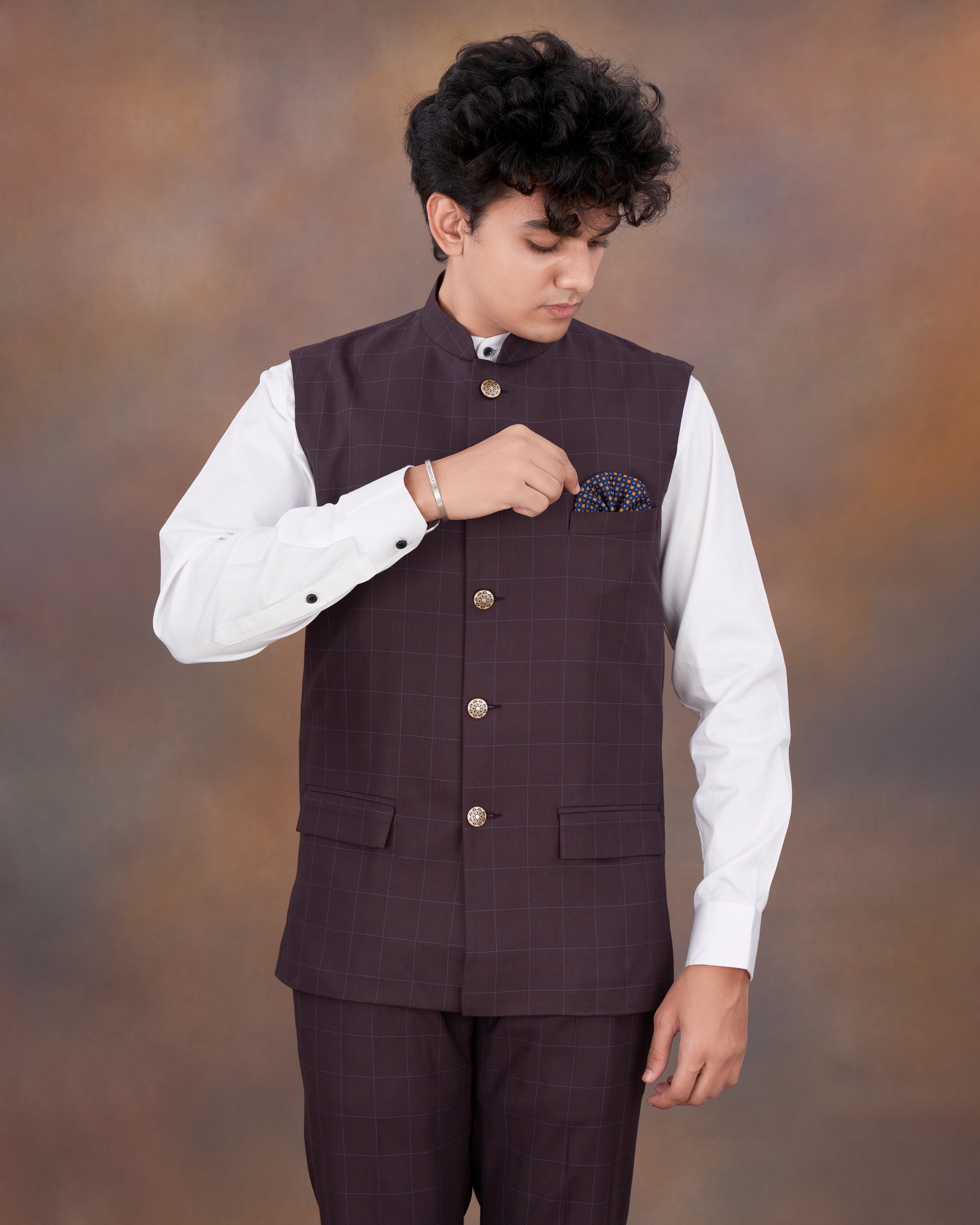 Thunder Maroon Plaid Nehru Jacket WC2332-36, WC2332-38, WC2332-40, WC2332-42, WC2332-44, WC2332-46, WC2332-48, WC2332-50, WC2332-52, WC2332-54, WC2332-56, WC2332-58, WC2332-60