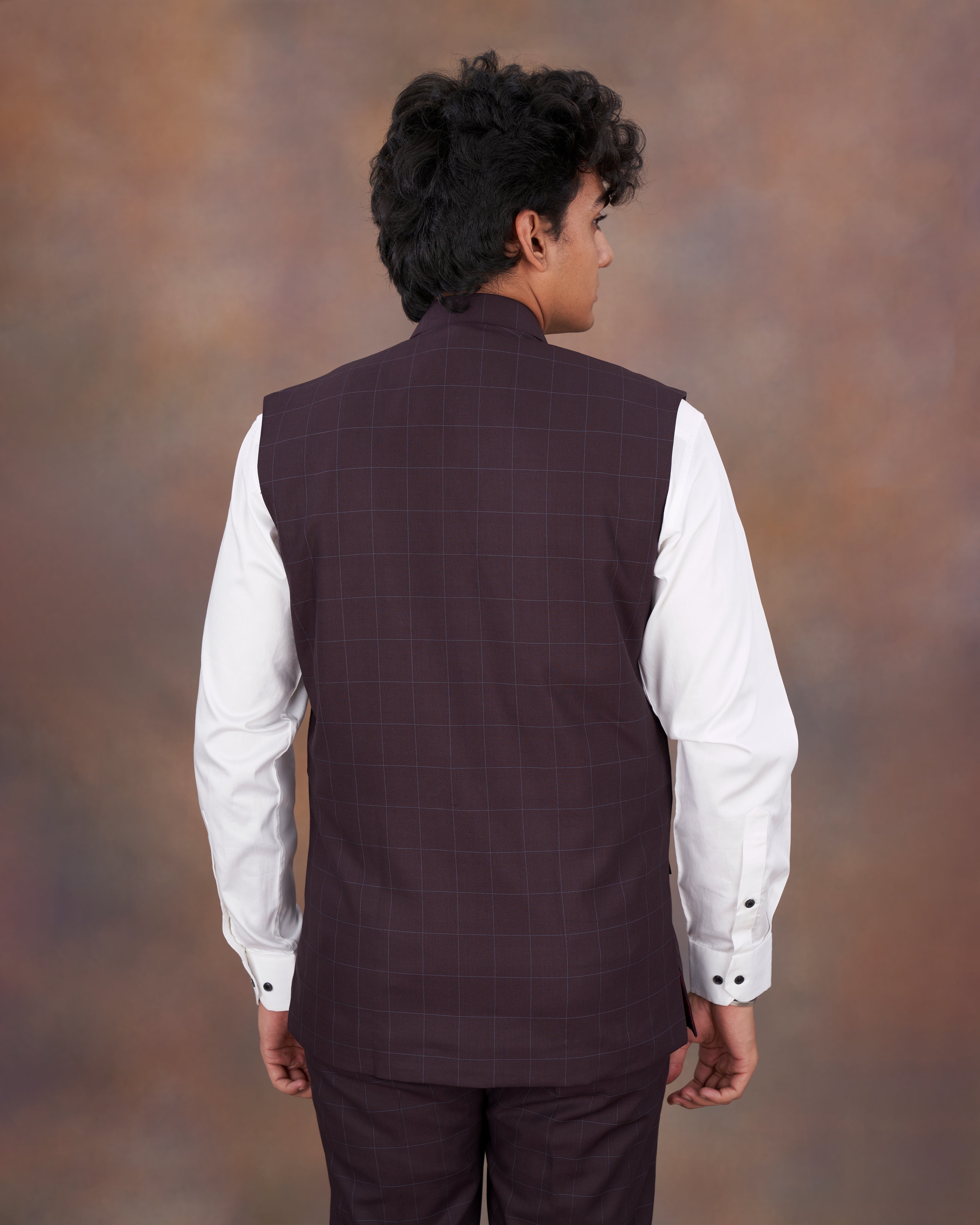 Thunder Maroon Plaid Nehru Jacket WC2332-36, WC2332-38, WC2332-40, WC2332-42, WC2332-44, WC2332-46, WC2332-48, WC2332-50, WC2332-52, WC2332-54, WC2332-56, WC2332-58, WC2332-60