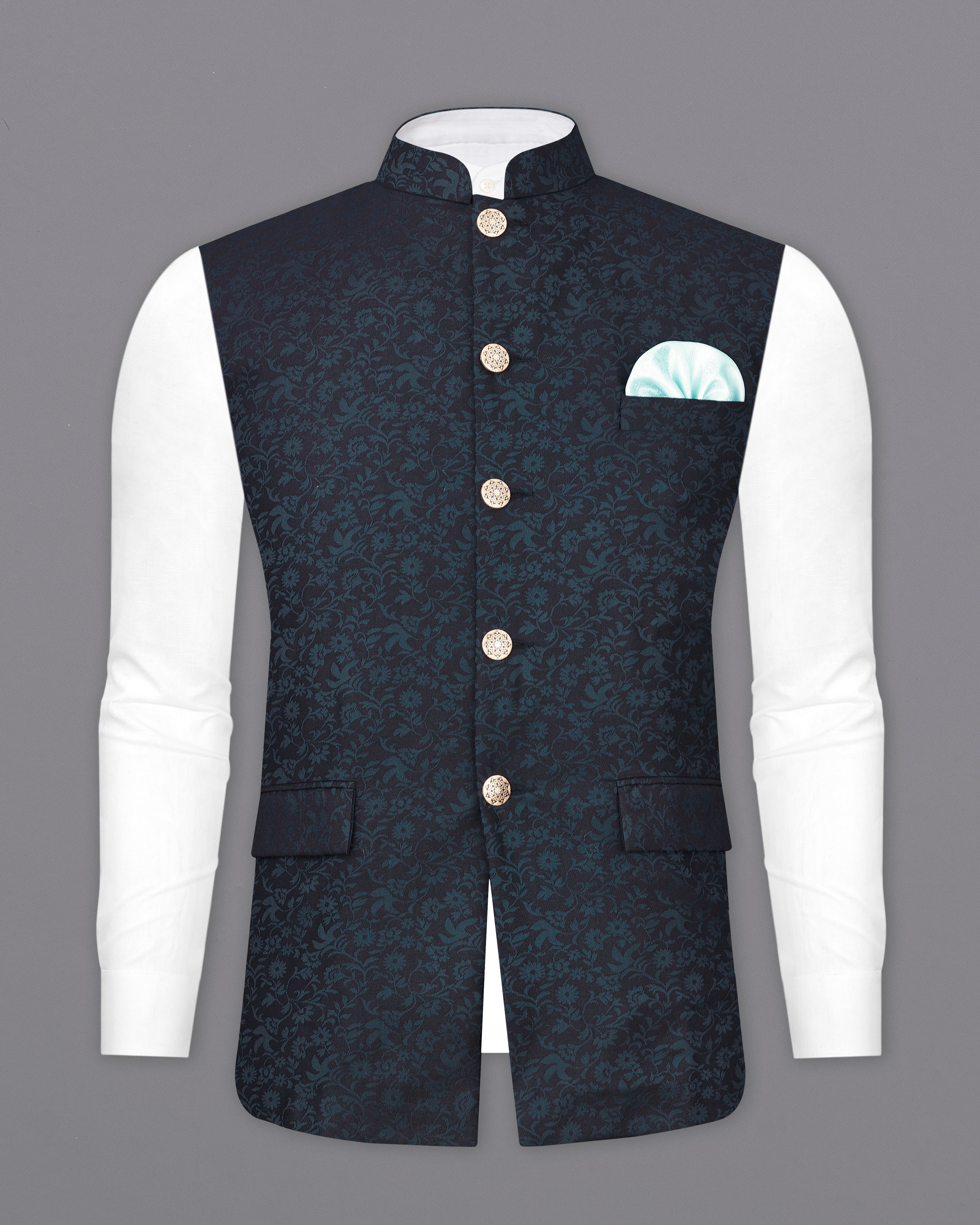 Charade Blue Ditsy Jacquard Textured Bandhgala Designer Nehru jacket WC2348-36, WC2348-38, WC2348-40, WC2348-42, WC2348-44, WC2348-46, WC2348-48, WC2348-50, WC2348-52, WC2348-54, WC2348-56, WC2348-58, WC2348-60