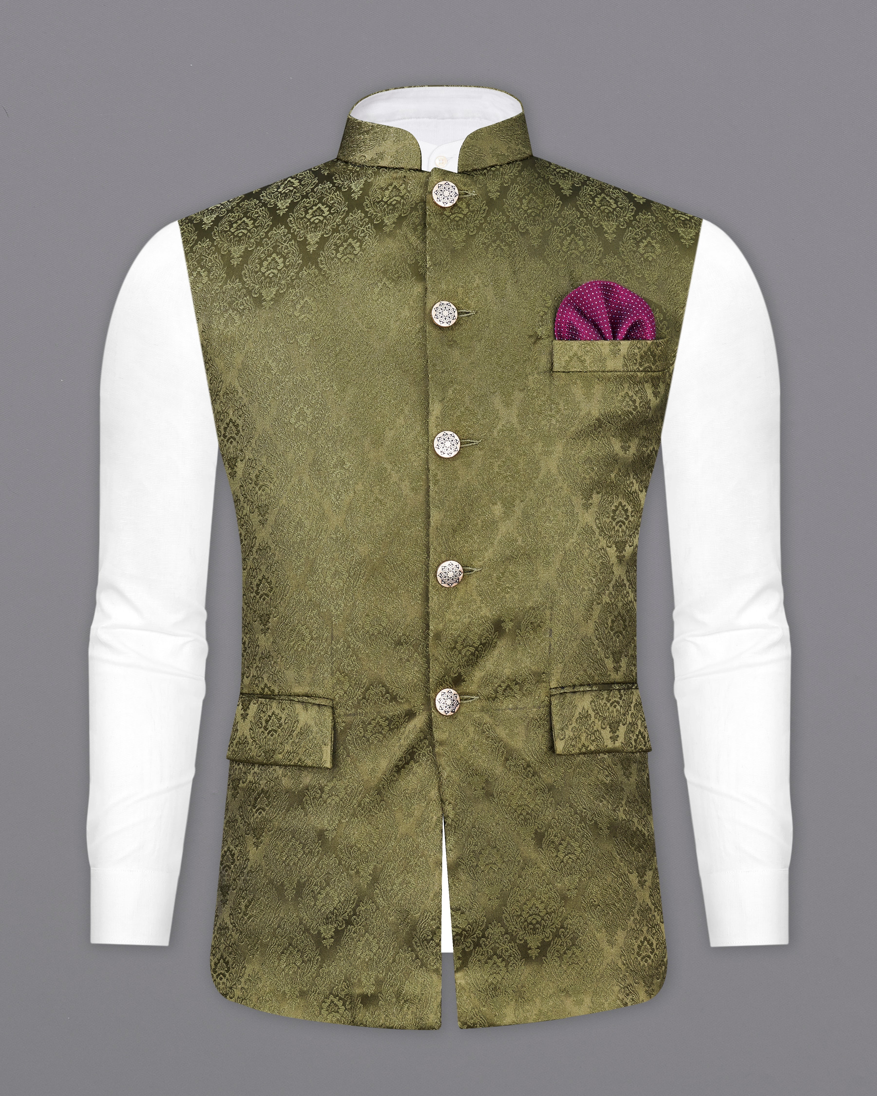 Otter Green Damask Textured Designer Nehru Jacket WC2364-36, WC2364-38, WC2364-40, WC2364-42, WC2364-44, WC2364-46, WC2364-48, WC2364-50, WC2364-52, WC2364-54, WC2364-56, WC2364-58, WC2364-60