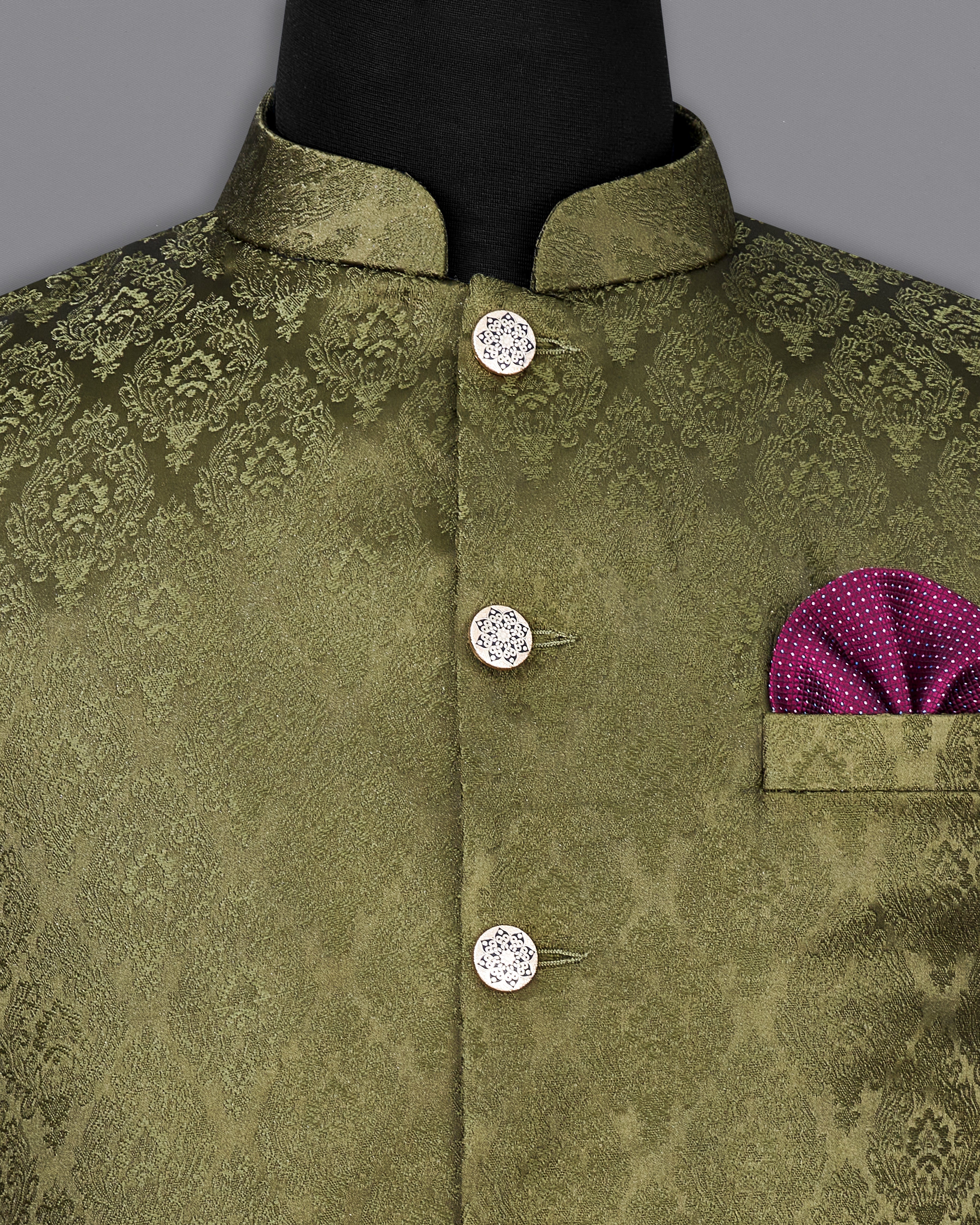 Otter Green Damask Textured Designer Nehru Jacket WC2364-36, WC2364-38, WC2364-40, WC2364-42, WC2364-44, WC2364-46, WC2364-48, WC2364-50, WC2364-52, WC2364-54, WC2364-56, WC2364-58, WC2364-60