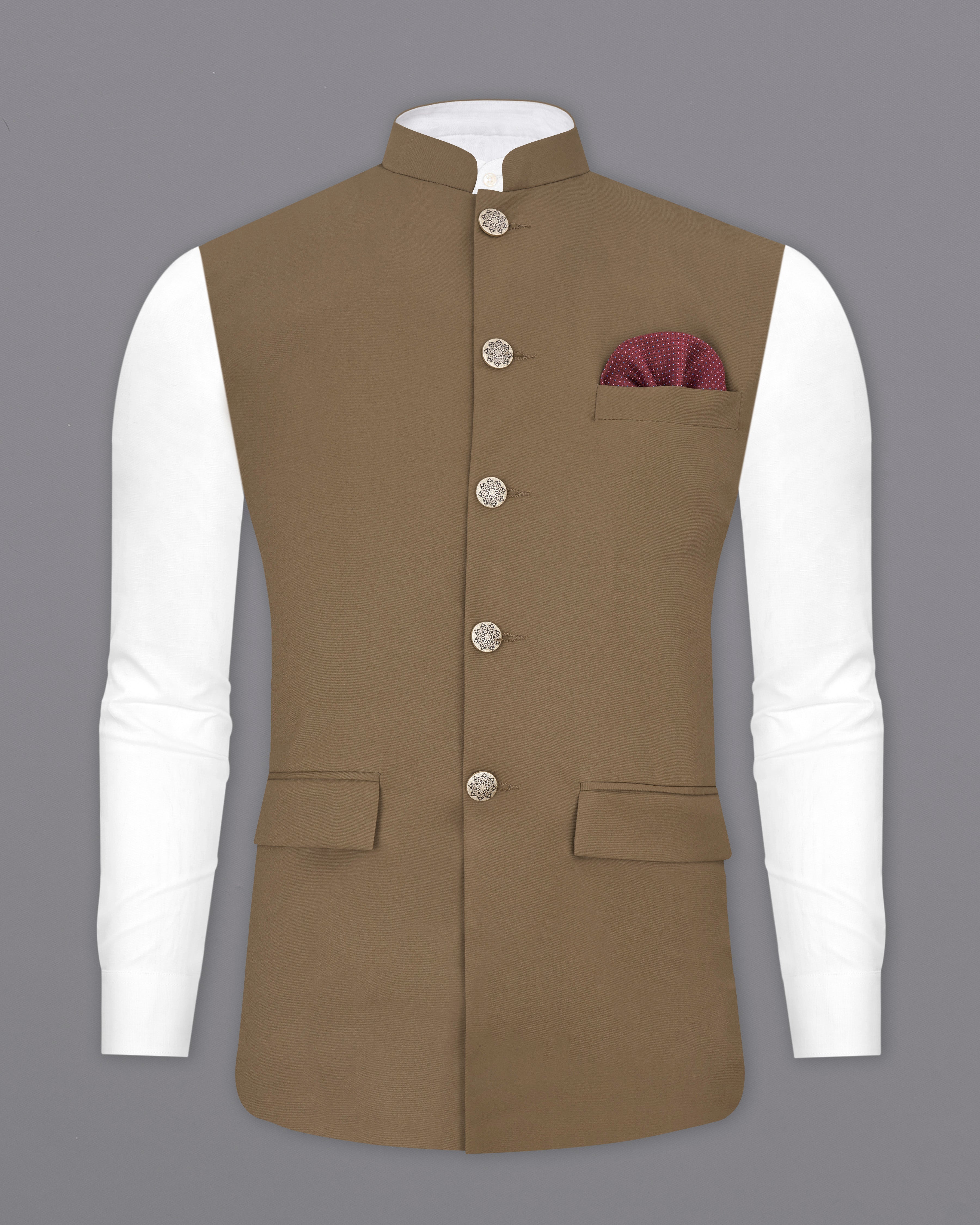 Khaki Brown Textured Nehru Jacket WC2463-36, WC2463-38, WC2463-40, WC2463-42, WC2463-44, WC2463-46, WC2463-48, WC2463-50, WC2463-52, WC2463-54, WC2463-56, WC2463-58, WC2463-60