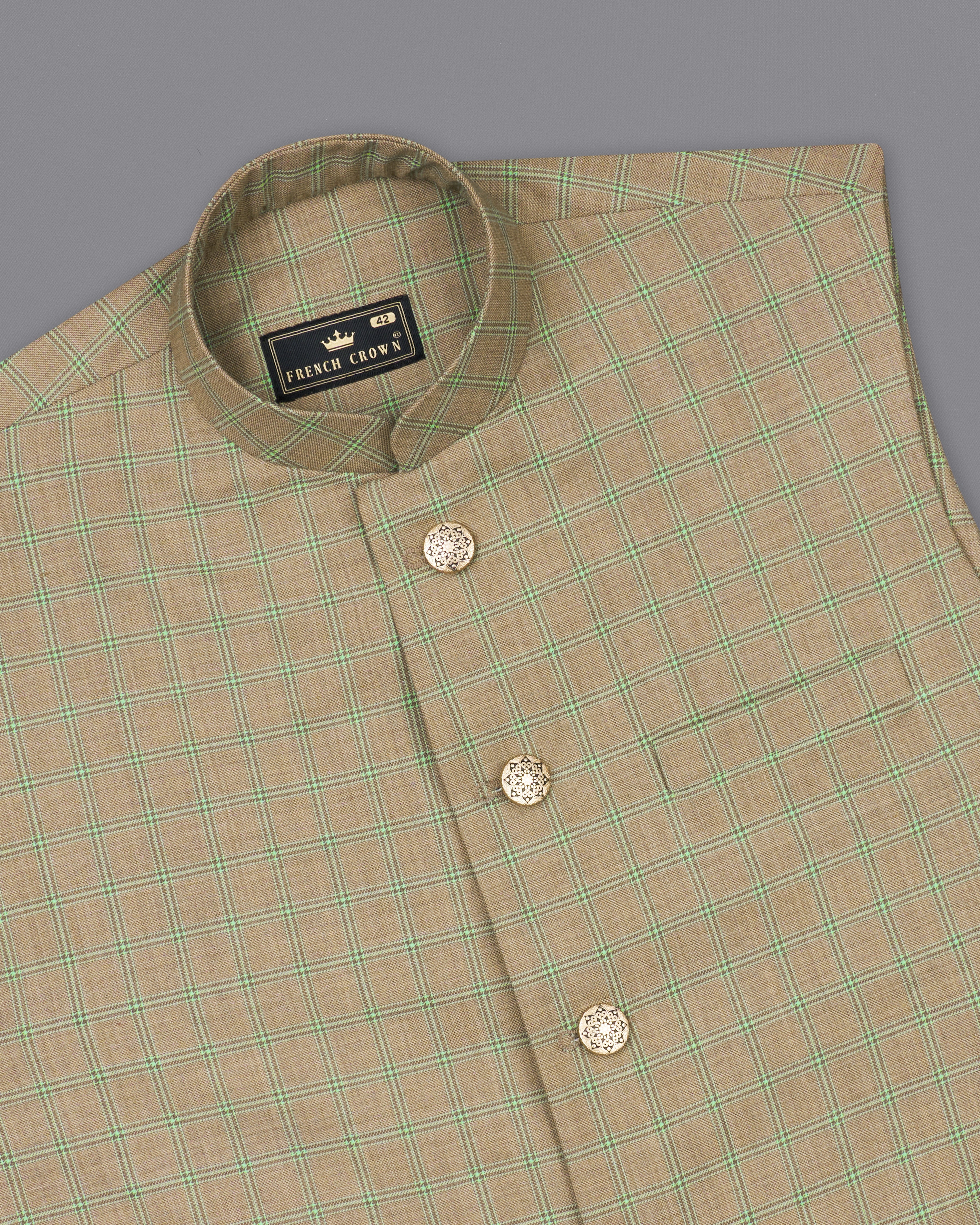 Sandrift Brown with Sprout Green Plaid Nehru Jacket WC2483-38, WC2483-39, WC2483-40, WC2483-42, WC2483-44, WC2483-46, WC2483-48, WC2483-50, WC2483-52