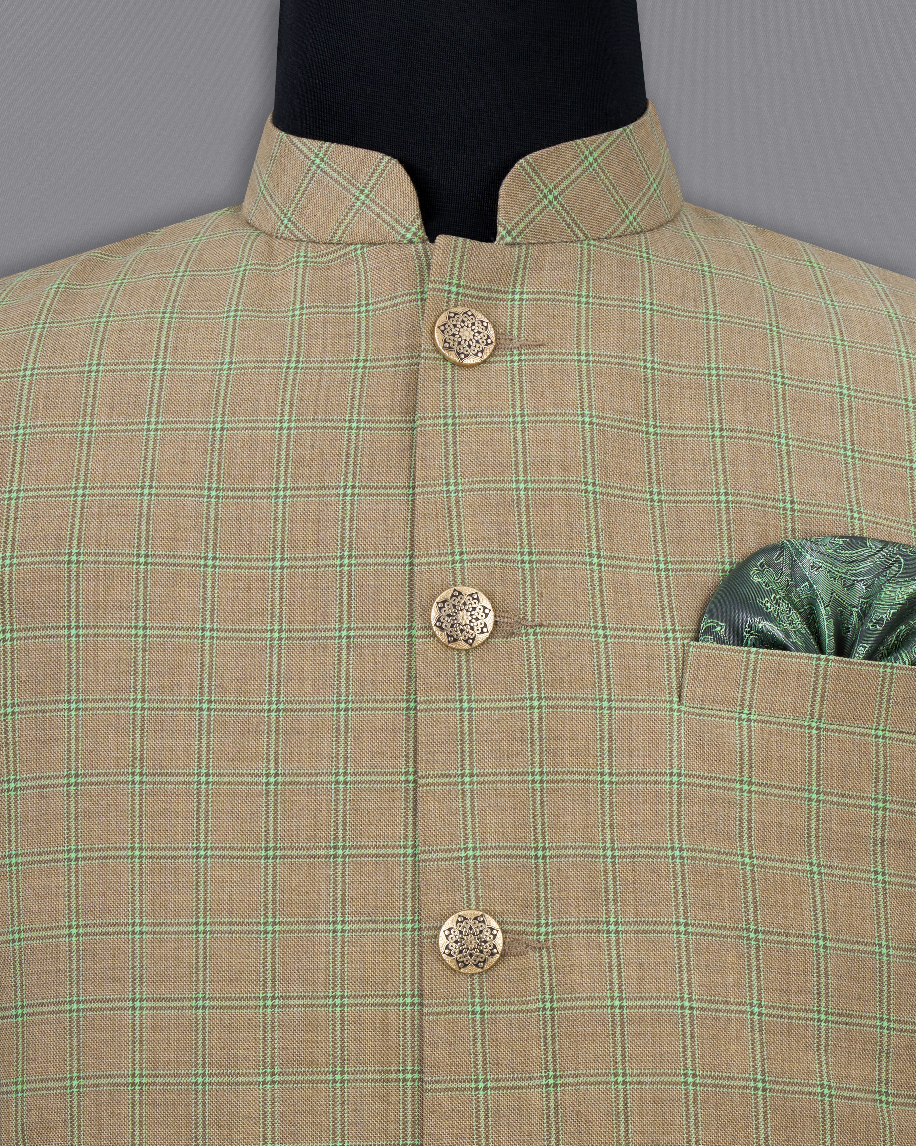 Sandrift Brown with Sprout Green Plaid Nehru Jacket WC2483-38, WC2483-39, WC2483-40, WC2483-42, WC2483-44, WC2483-46, WC2483-48, WC2483-50, WC2483-52