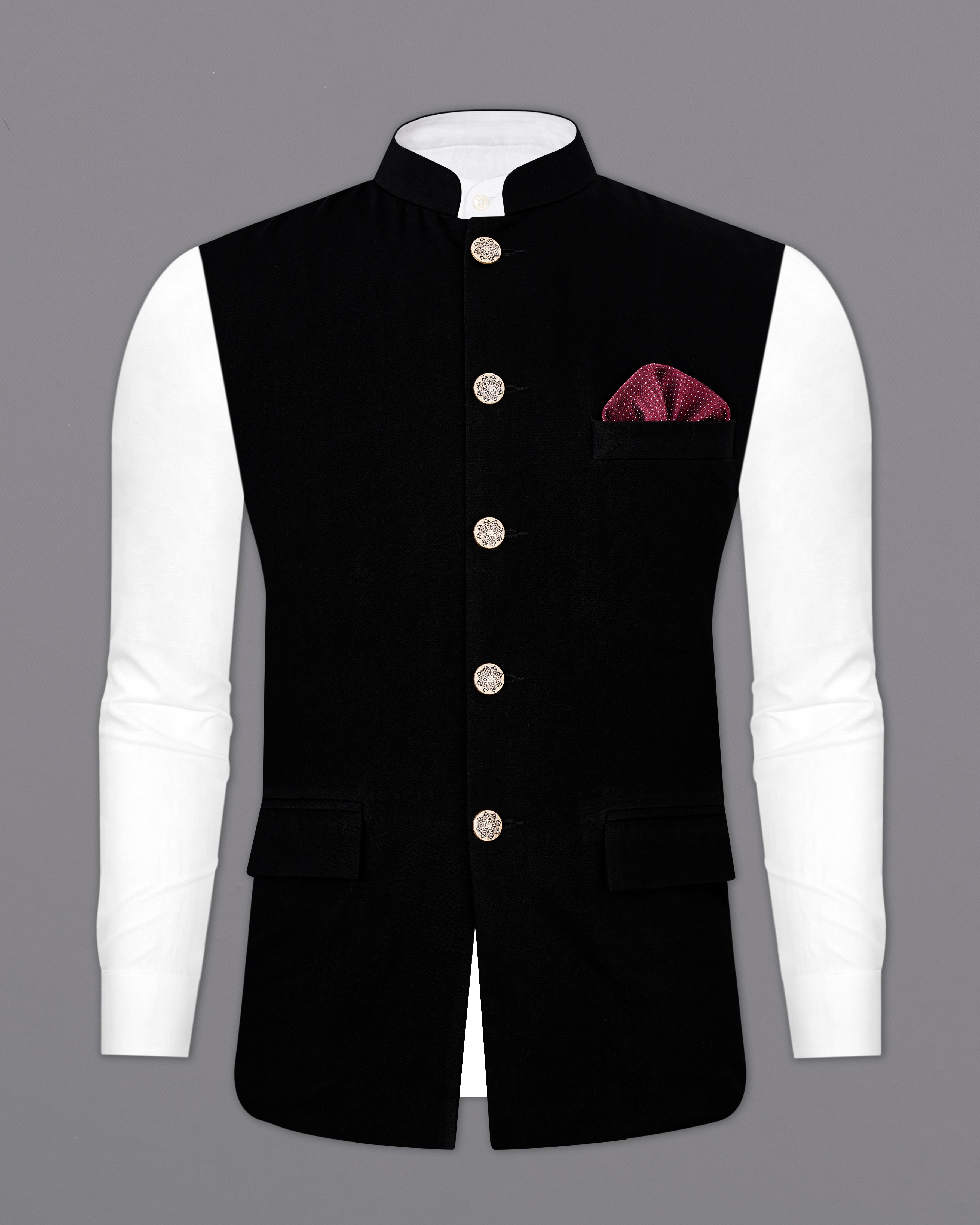 Korean Black textured Nehru Jacket WC2554-36, WC2554-38, WC2554-40, WC2554-42, WC2554-44, WC2554-46, WC2554-48, WC2554-50, WC2554-52, WC2554-54, WC2554-55, WC2554-58, WC2554-60