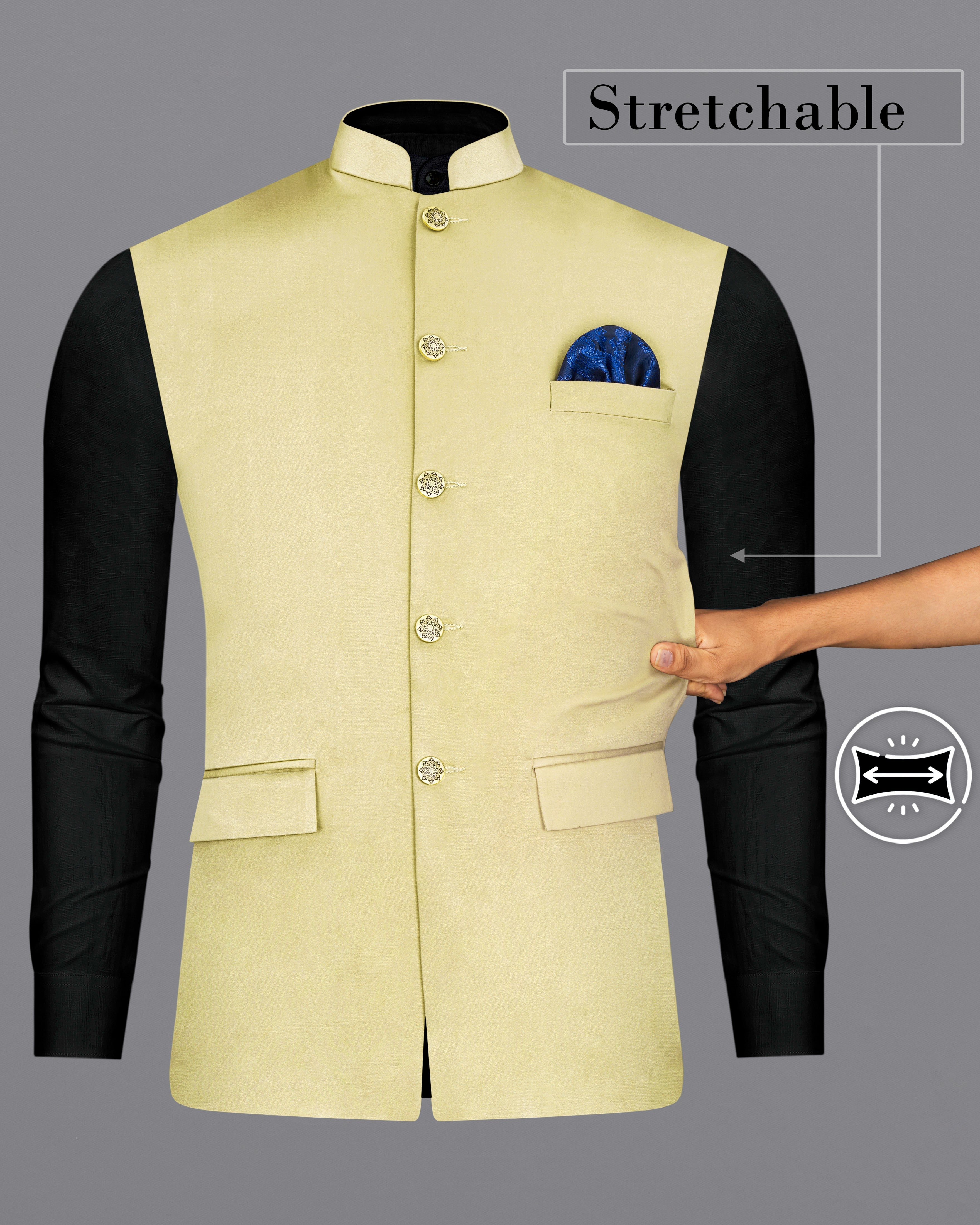 Maize Light Brown Stretchable Premium Cotton Nehru jacket WC2659-36, WC2659-38, WC2659-40, WC2659-42, WC2659-44, WC2659-46, WC2659-48, WC2659-50, WC2659-52, WC2659-54, WC2659-56, WC2659-58, WC2659-60