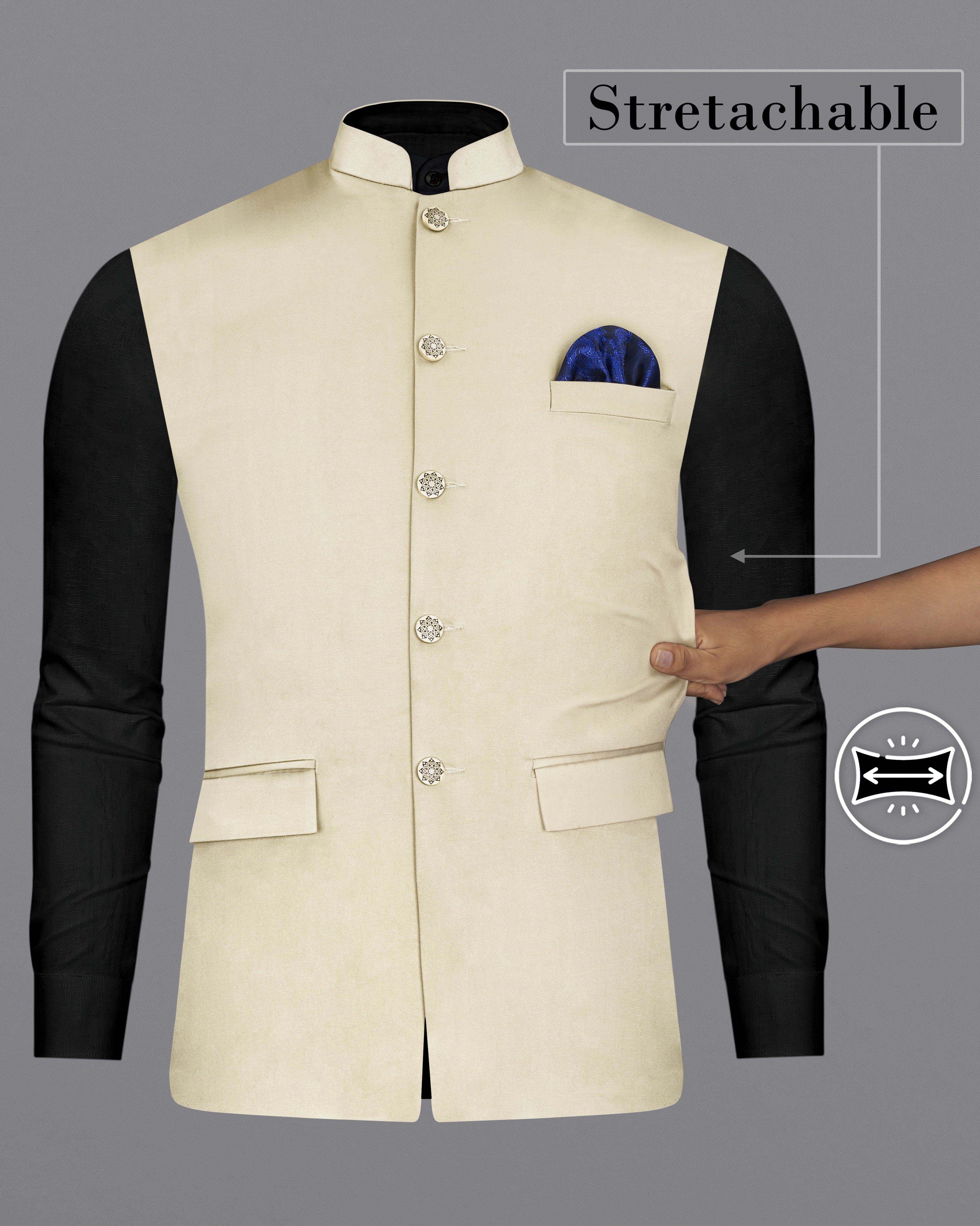 Moon Mist Beige Premium Cotton Stretchable Nehru Jacket WC2674-36, WC2674-38, WC2674-40, WC2674-42, WC2674-44, WC2674-46, WC2674-48, WC2674-50, WC2674-52, WC2674-54, WC2674-56, WC2674-58, WC2674-60