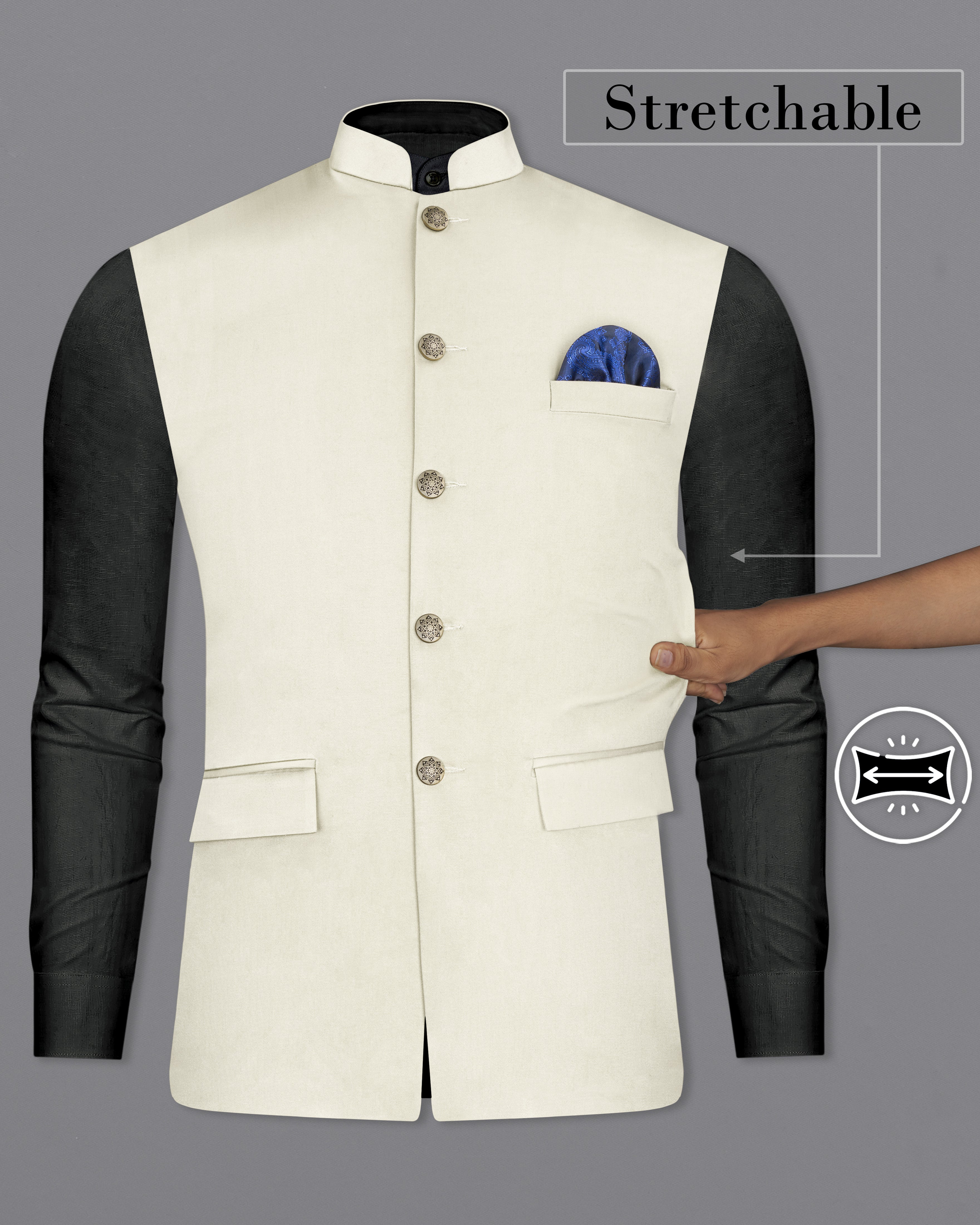 Merino Cream Stretchable Premium Cotton Nehru Jacket WC2689-36, WC2689-38, WC2689-40, WC2689-42, WC2689-44, WC2689-46, WC2689-48, WC2689-50, WC2689-52, WC2689-54, WC2689-56, WC2689-58, WC2689-60