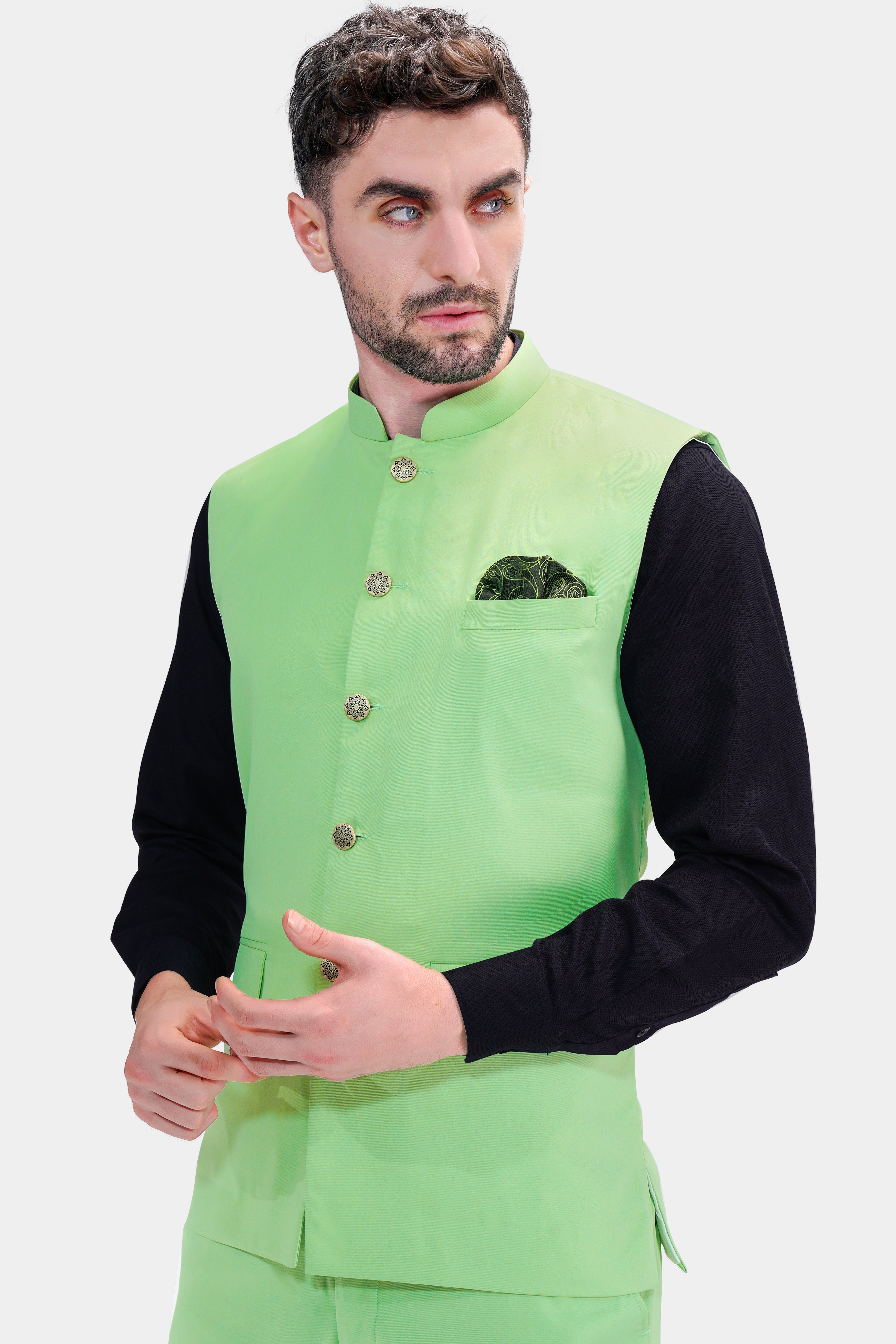 Pistachio Green Wool Rich Nehru Jacket WC2752-36, WC2752-38, WC2752-40, WC2752-42, WC2752-44, WC2752-46, WC2752-48, WC2752-50, WC2752-52, WC2752-54, WC2752-56, WC2752-58, WC2752-60