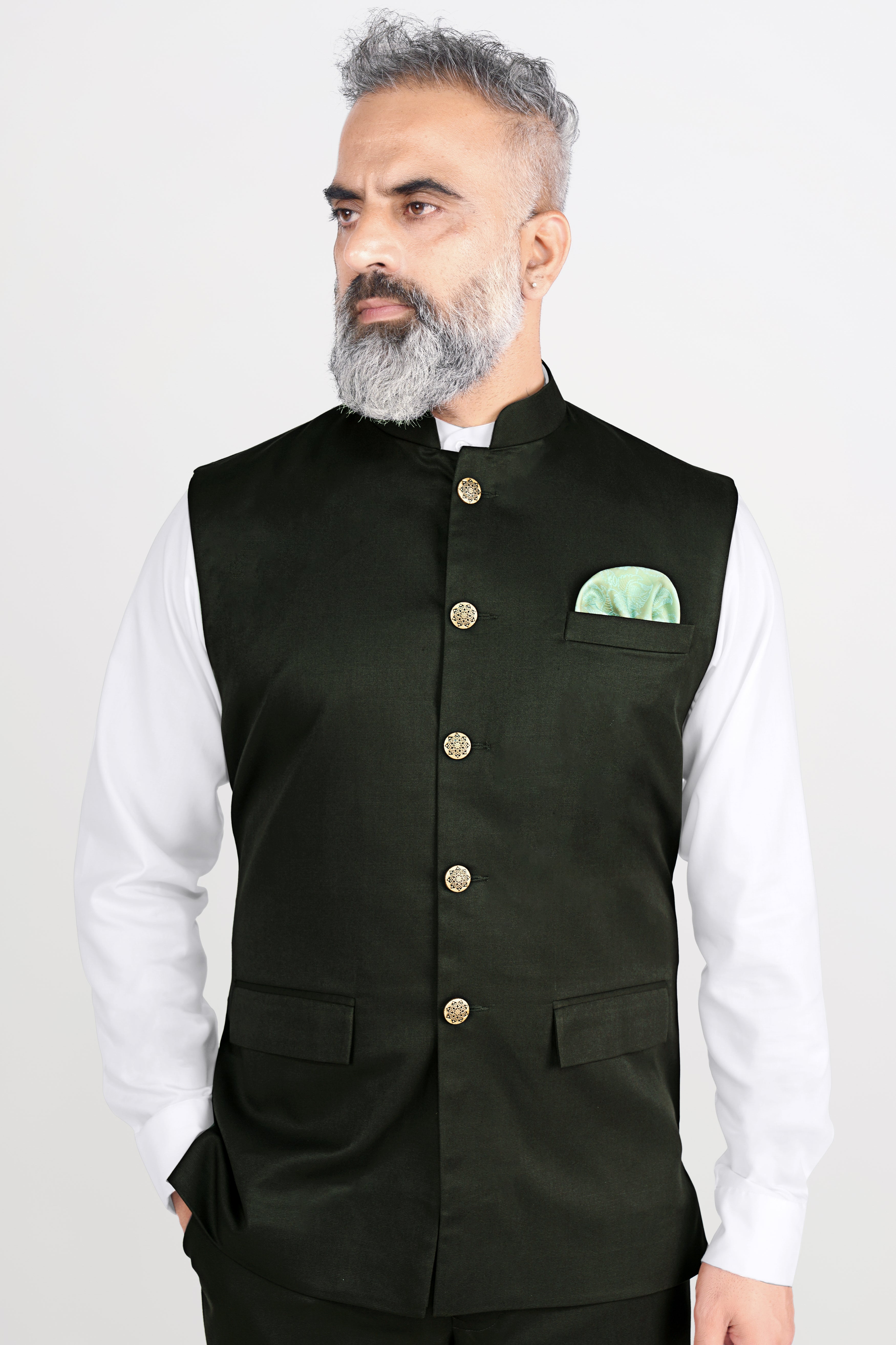 Rangoon Green Wool Rich Neharu Jacket WC2807-36, WC2807-38, WC2807-40, WC2807-42, WC2807-44, WC2807-46, WC2807-48, WC2807-50, WC2807-52, WC2807-54, WC2807-56, WC2807-58, WC2807-60