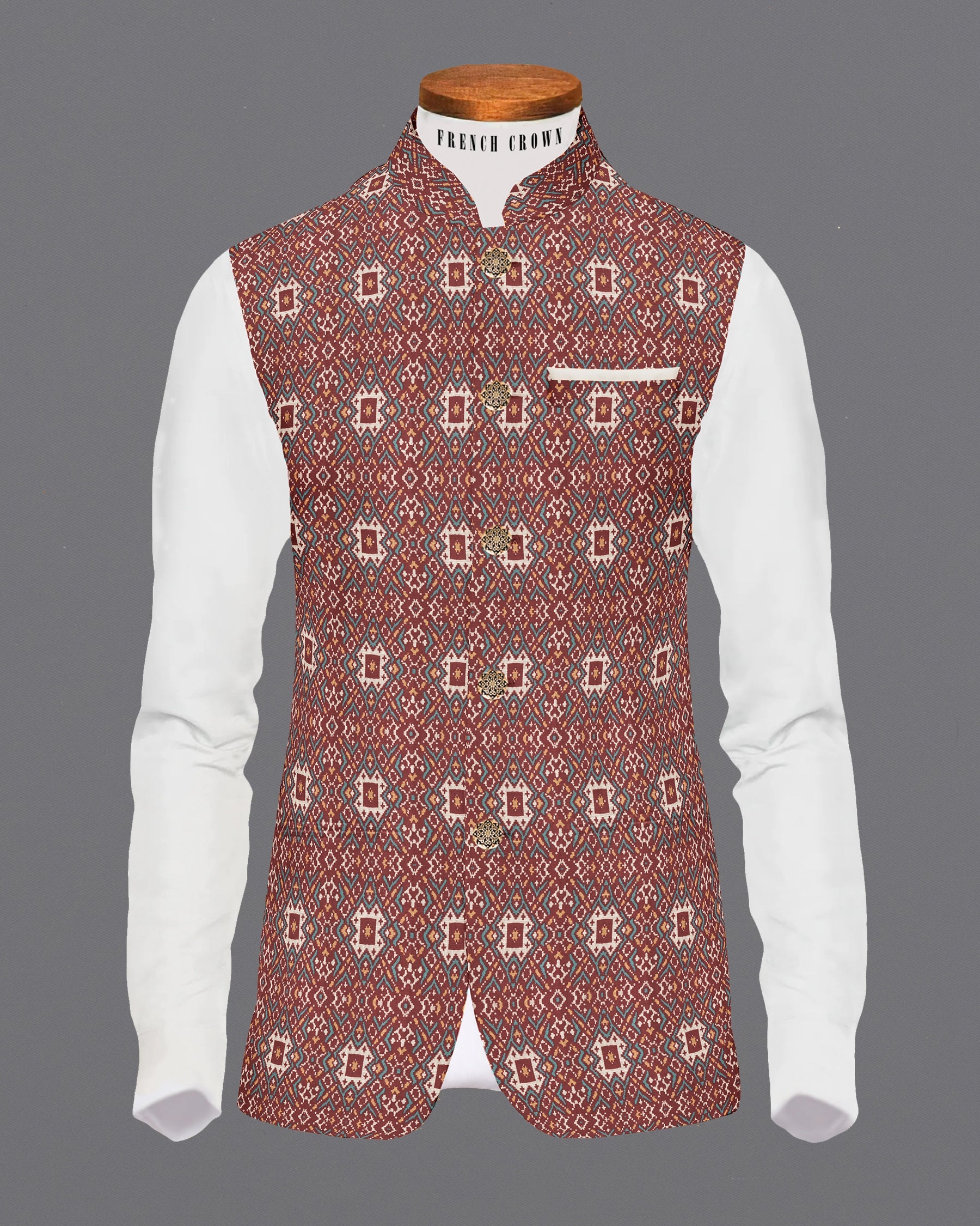 Red Ikat Print Nehru Jacket