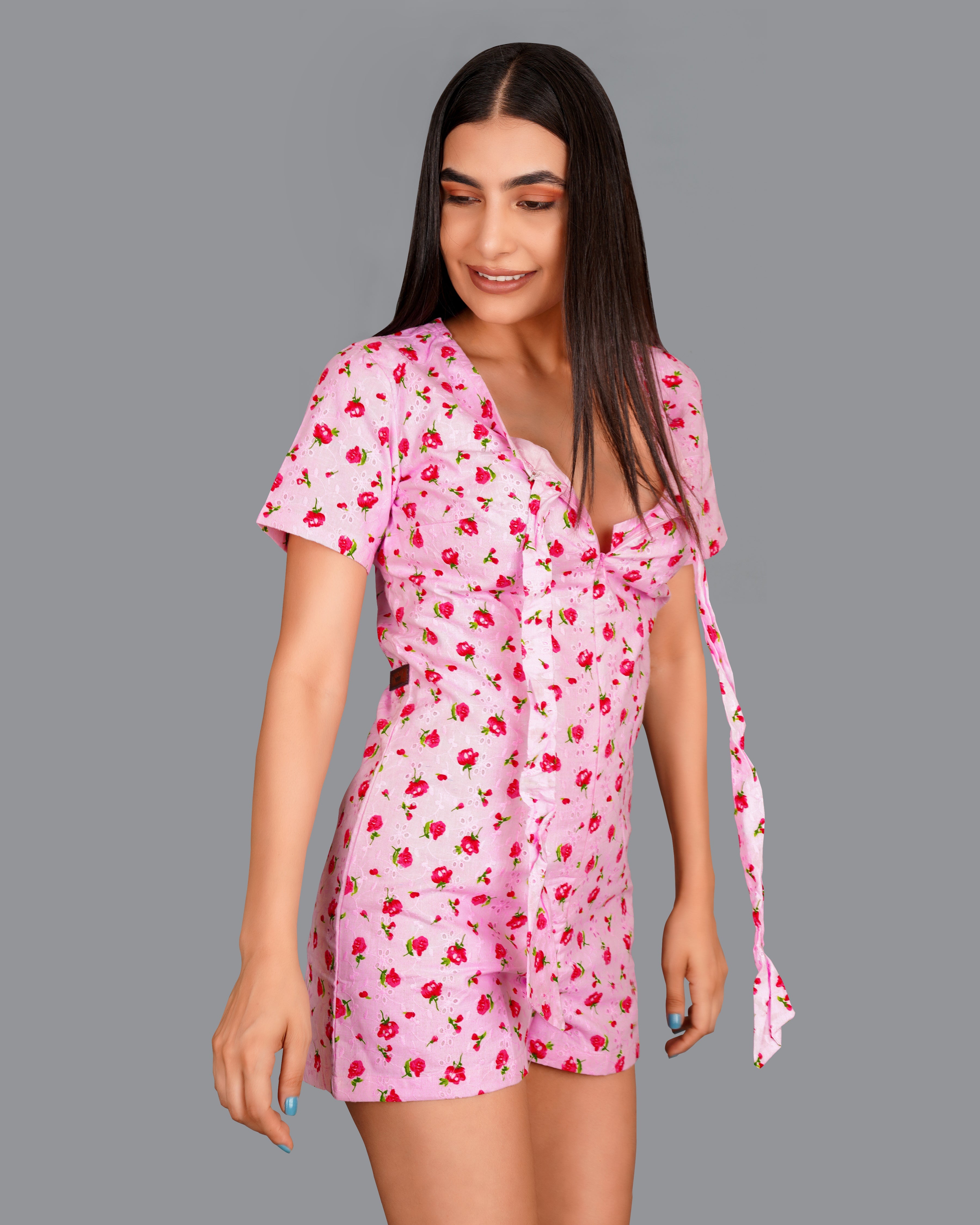 Blossom Pink Rose Printed Premium Cotton Jumpsuit WD007-32, WD007-34, WD007-36, WD007-38, WD007-40, WD007-42