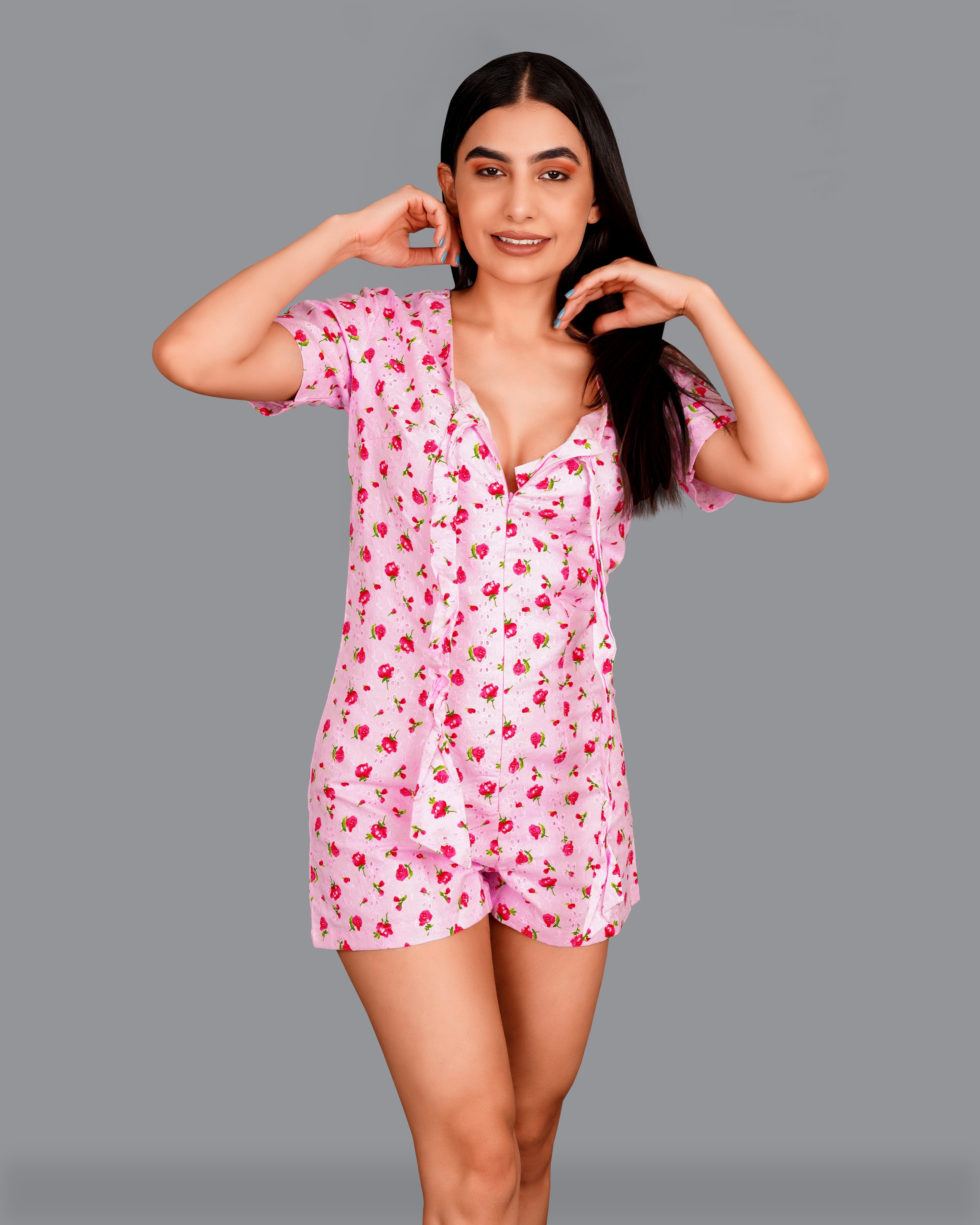 Blossom Pink Rose Printed Premium Cotton Jumpsuit WD007-32, WD007-34, WD007-36, WD007-38, WD007-40, WD007-42