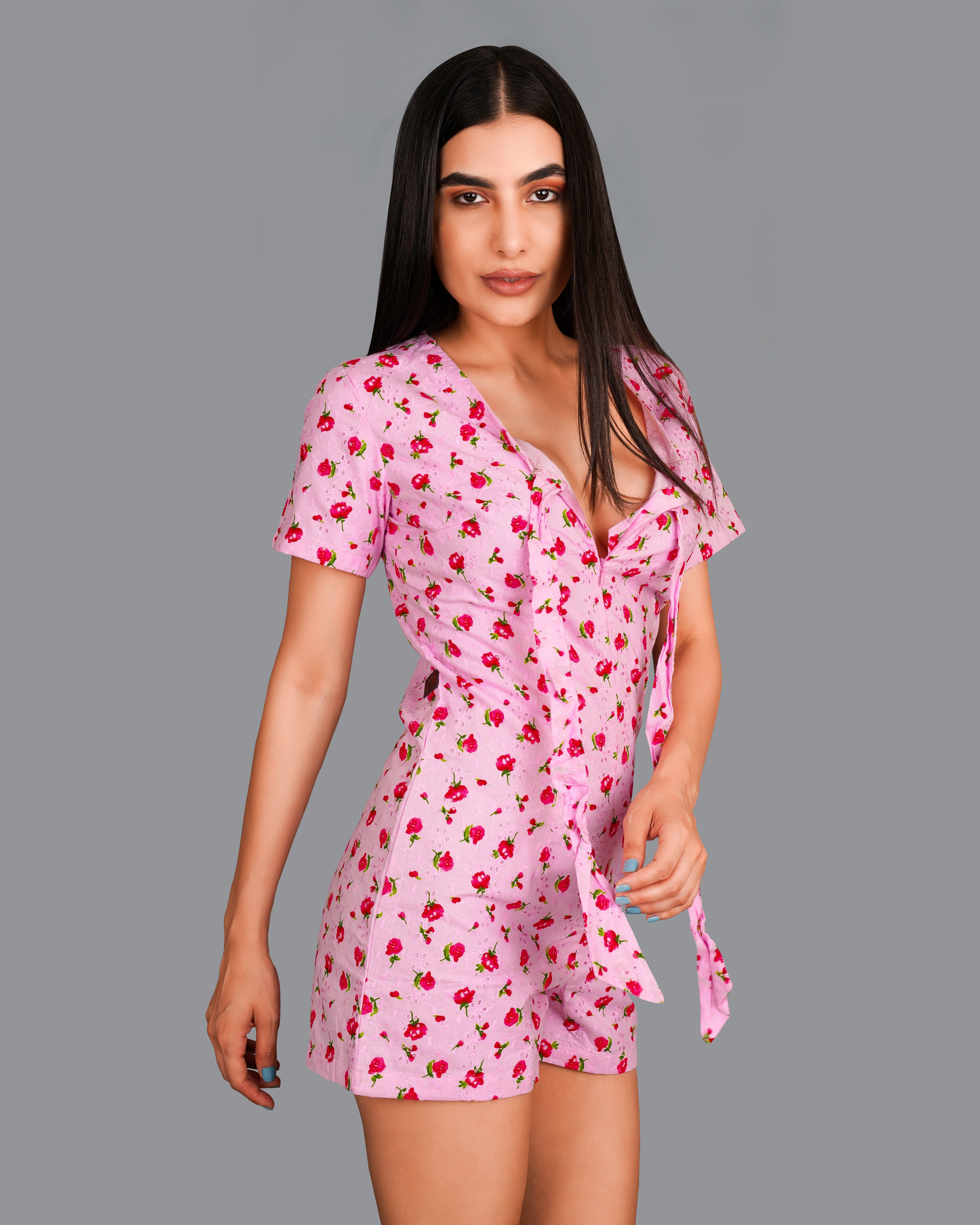 Blossom Pink Rose Printed Premium Cotton Jumpsuit WD007-32, WD007-34, WD007-36, WD007-38, WD007-40, WD007-42