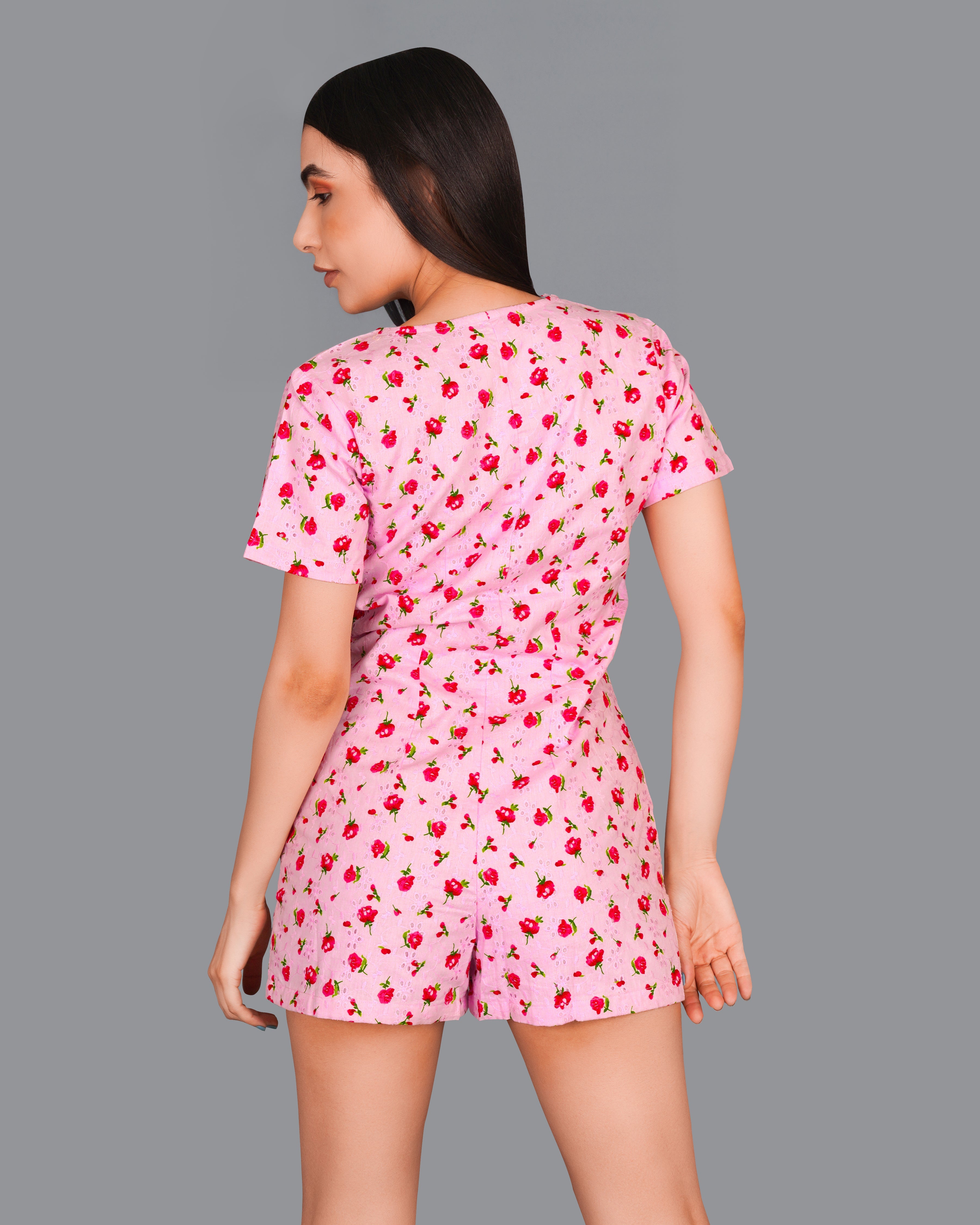 Blossom Pink Rose Printed Premium Cotton Jumpsuit WD007-32, WD007-34, WD007-36, WD007-38, WD007-40, WD007-42