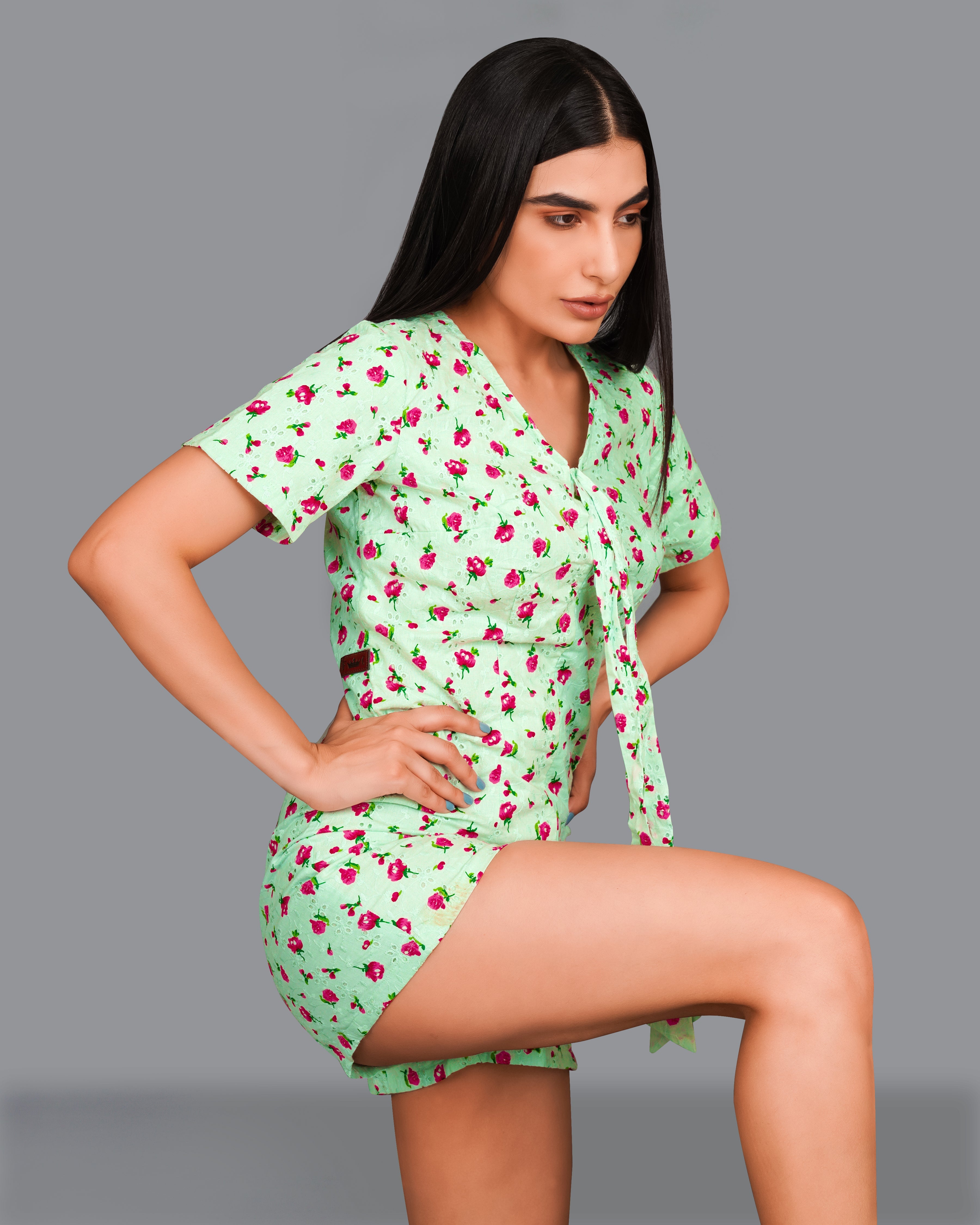 Celadon Green Rose Printed Premium Cotton Jumpsuit WD008-32, WD008-34, WD008-36, WD008-38, WD008-40, WD008-42 