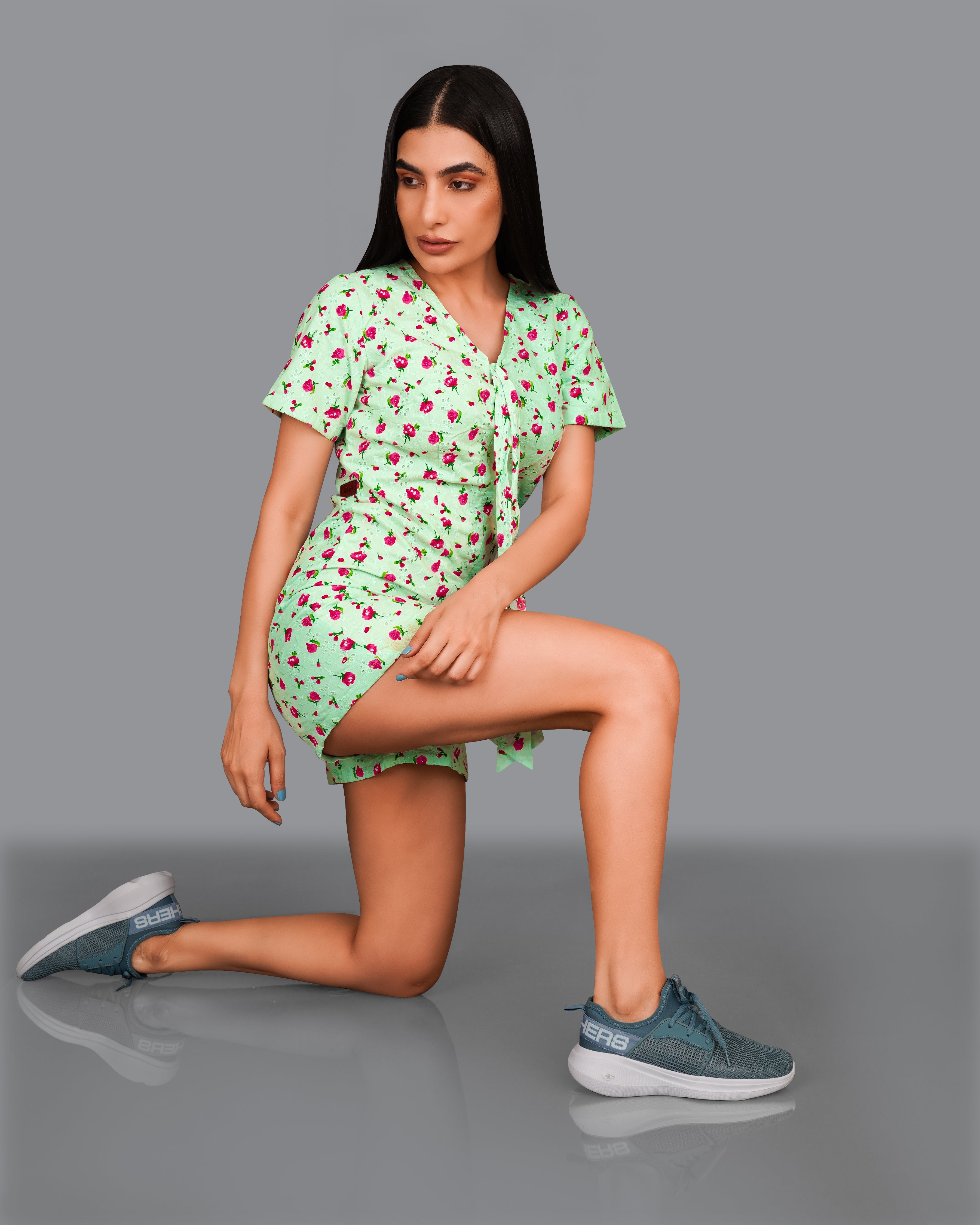 Celadon Green Rose Printed Premium Cotton Jumpsuit WD008-32, WD008-34, WD008-36, WD008-38, WD008-40, WD008-42 