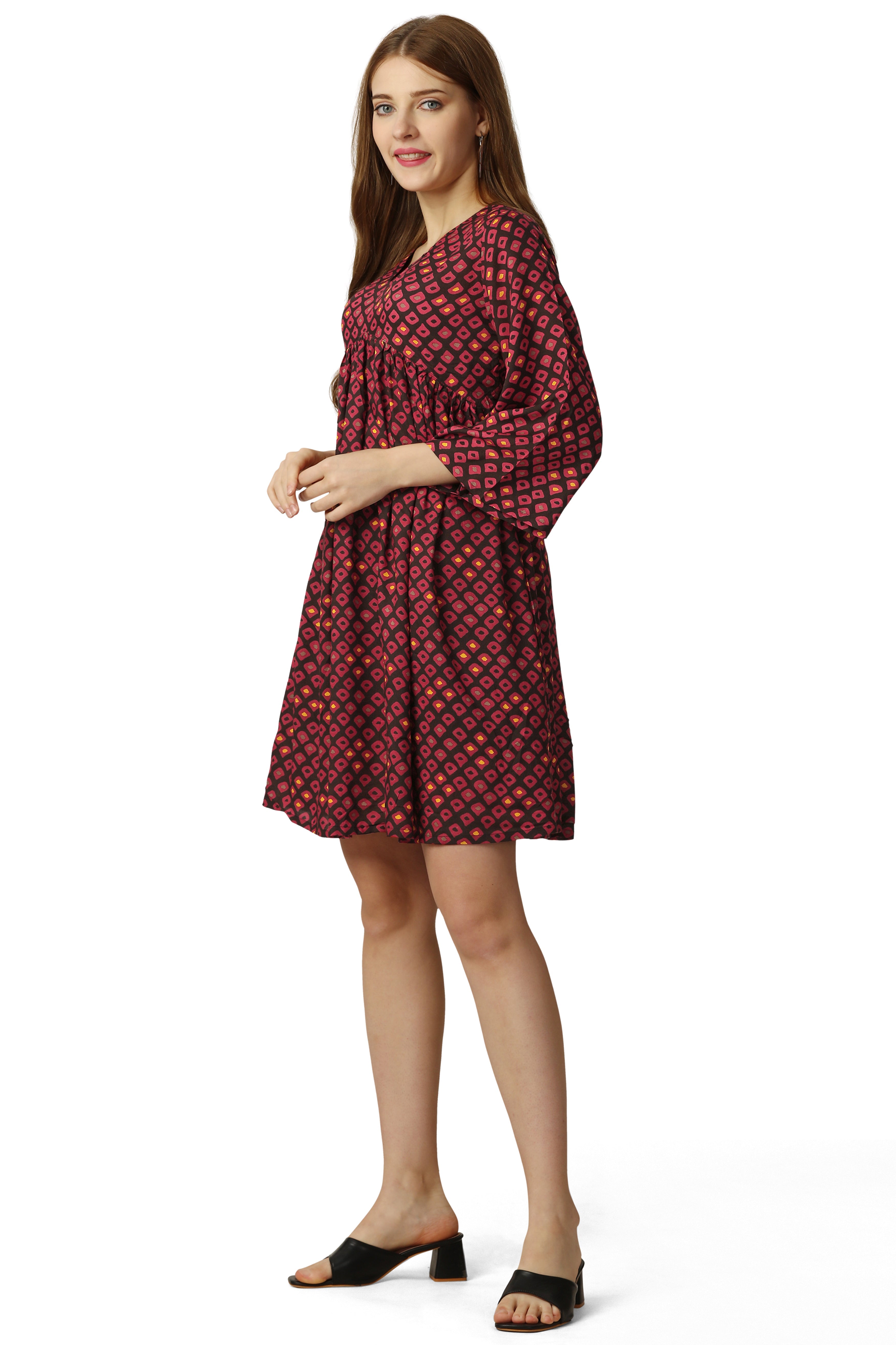 Deep Carmine Red with Jade Black Printed Dress